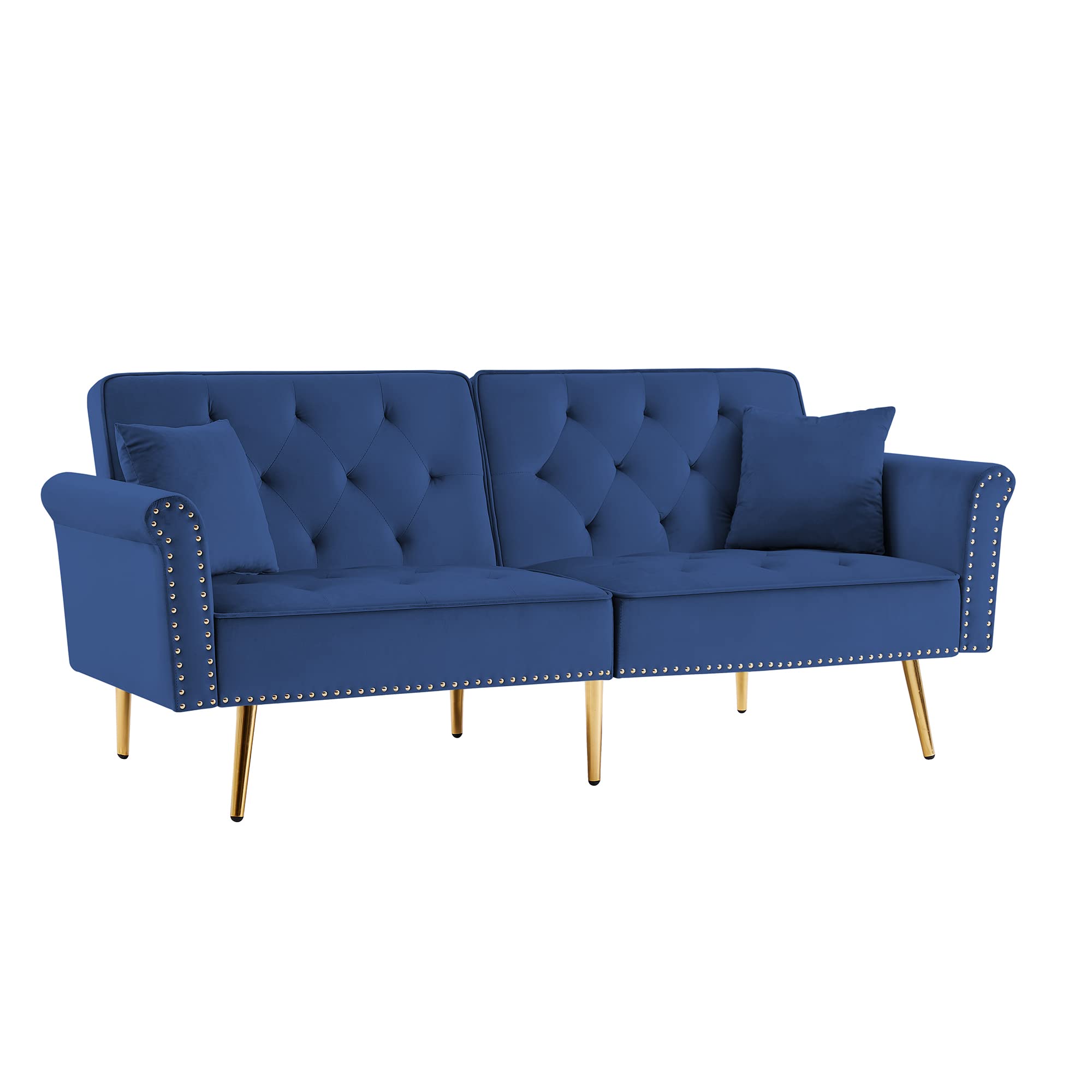 Modern Velvet Tufted Sofa Couch with 2 Pillows & Nailhead Trim - Convertible Loveseat Sofa Bed with Sturdy Metal Legs for Living Room, Apartment (Blue) | Perfect for Small Spaces, Guest Rooms & Cozy Home Decor