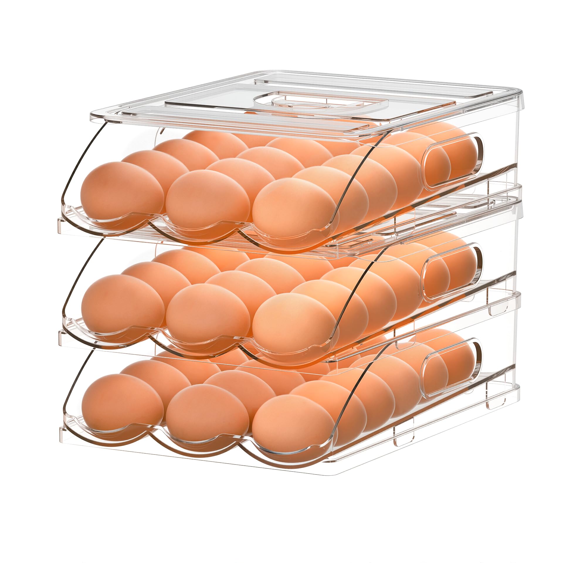 3-Tier Rolling Egg Holder for Refrigerator - 54 Large Capacity Egg Storage Container with Lid - Space Saving Kitchen Organizer for Eggs - Perfect for Fridge, Pantry, and Breakfast Meal Prep