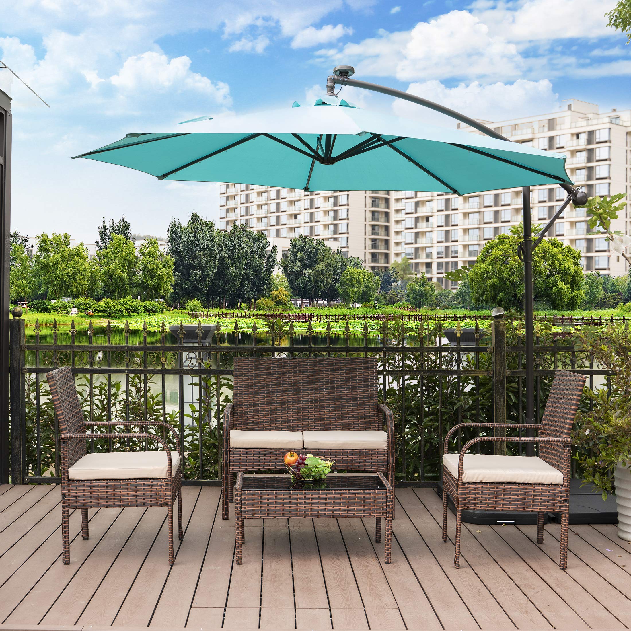 WestinTrends Roadhill 4-Piece All-Weather PE Rattan Patio Furniture Set - Brown & Beige Wicker Loveseat with Tempered Glass Coffee Table - Perfect for Outdoor Garden, Poolside, and Backyard Relaxation