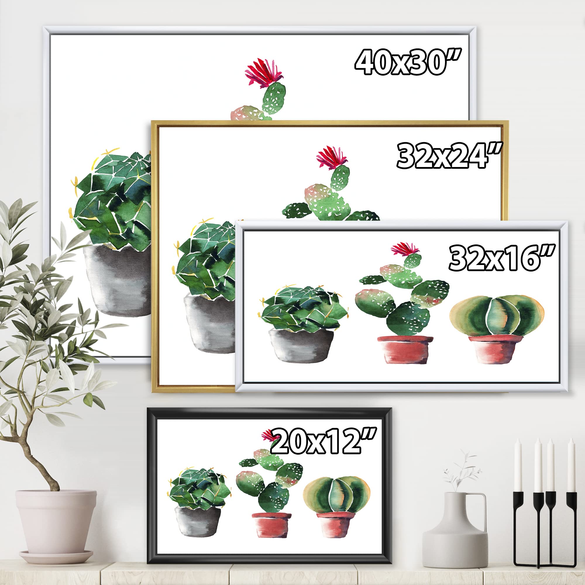 Three Cactus in Clay Pots - Traditional Framed Canvas Wall Art Print for Home & Office Decor | Southwestern Desert Style Painting | Perfect for Living Room, Bedroom or Office Wall Decor