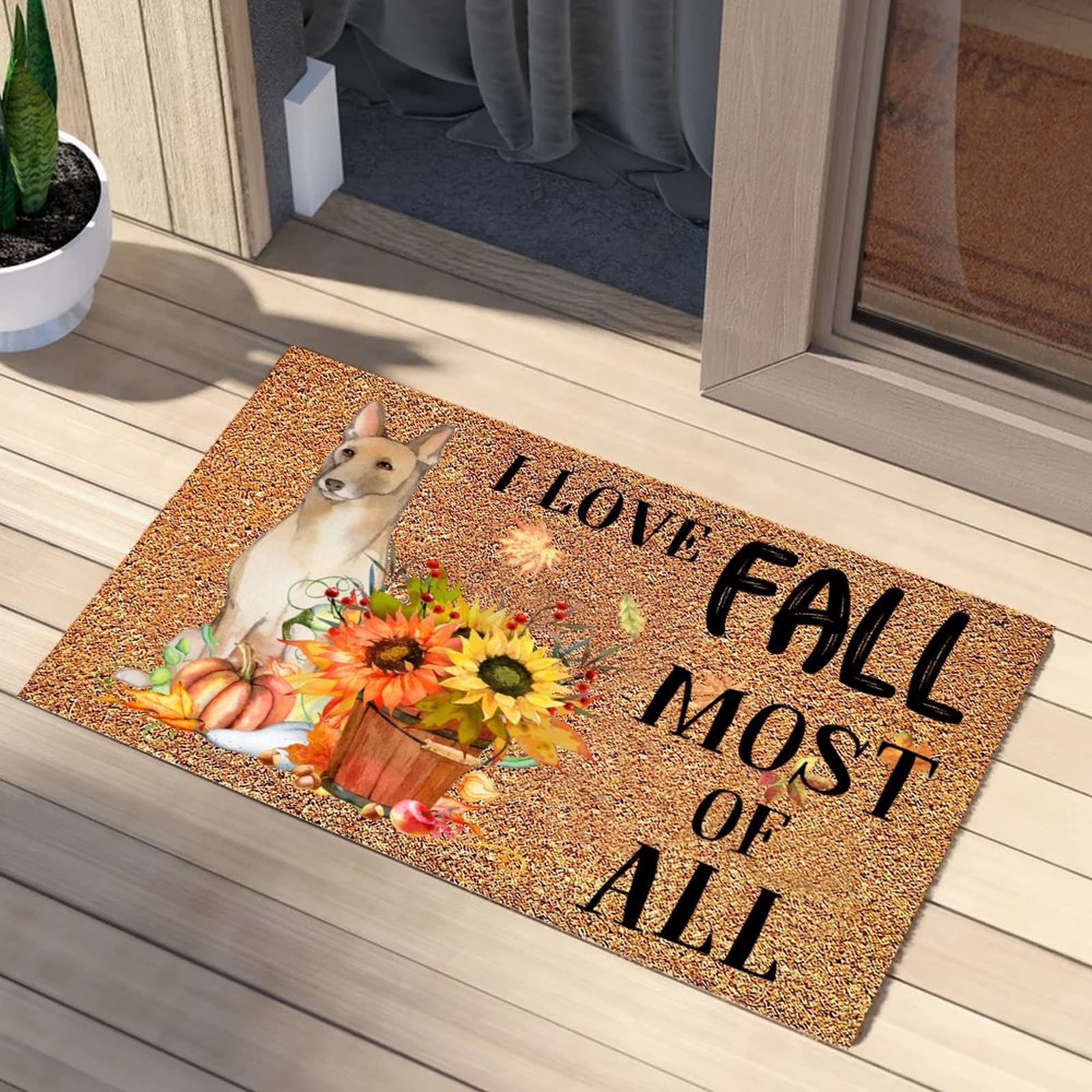 Autumn Dog Quote Door Mat - 'I Love Fall Most of All' Non-Slip Coconut Coir Welcome Mat for Front Porch, Pet-Friendly Fall Decor with Paw Design - Perfect Gift for Dog Moms & Home Decoration (Traps Dirt, Cursive Lettering)
