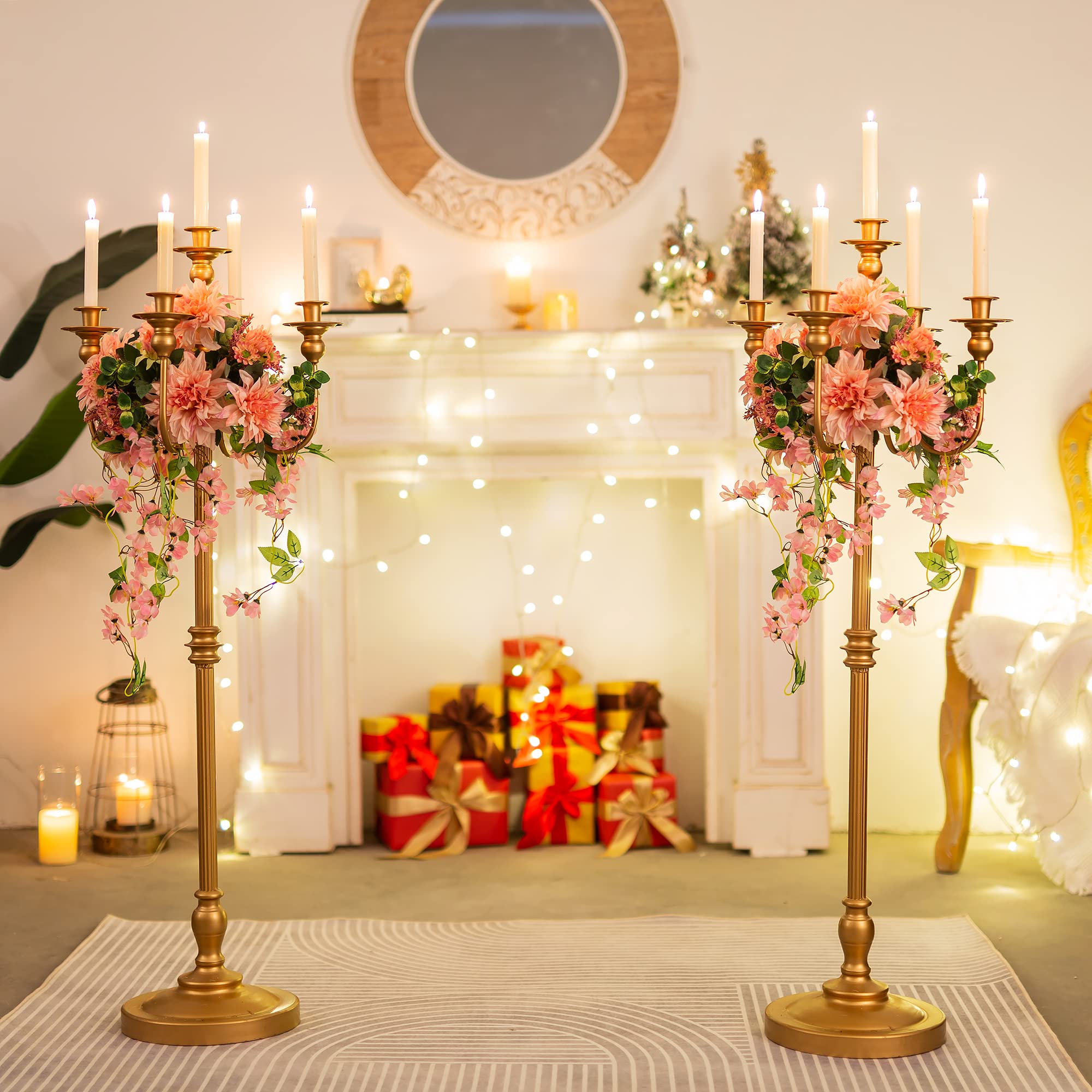 Antique Gold Floor Candelabra - Tall Taper Candle Holder & Floral Centerpiece Stand for Weddings, Parties, Home Decor | Elegant Living Room & Event Decoration