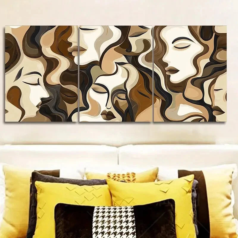 3-Piece Brown and Beige Faces Metal Print Wall Art - Ready to Hang, Modern Home Decor for Living Room, Bedroom & Office