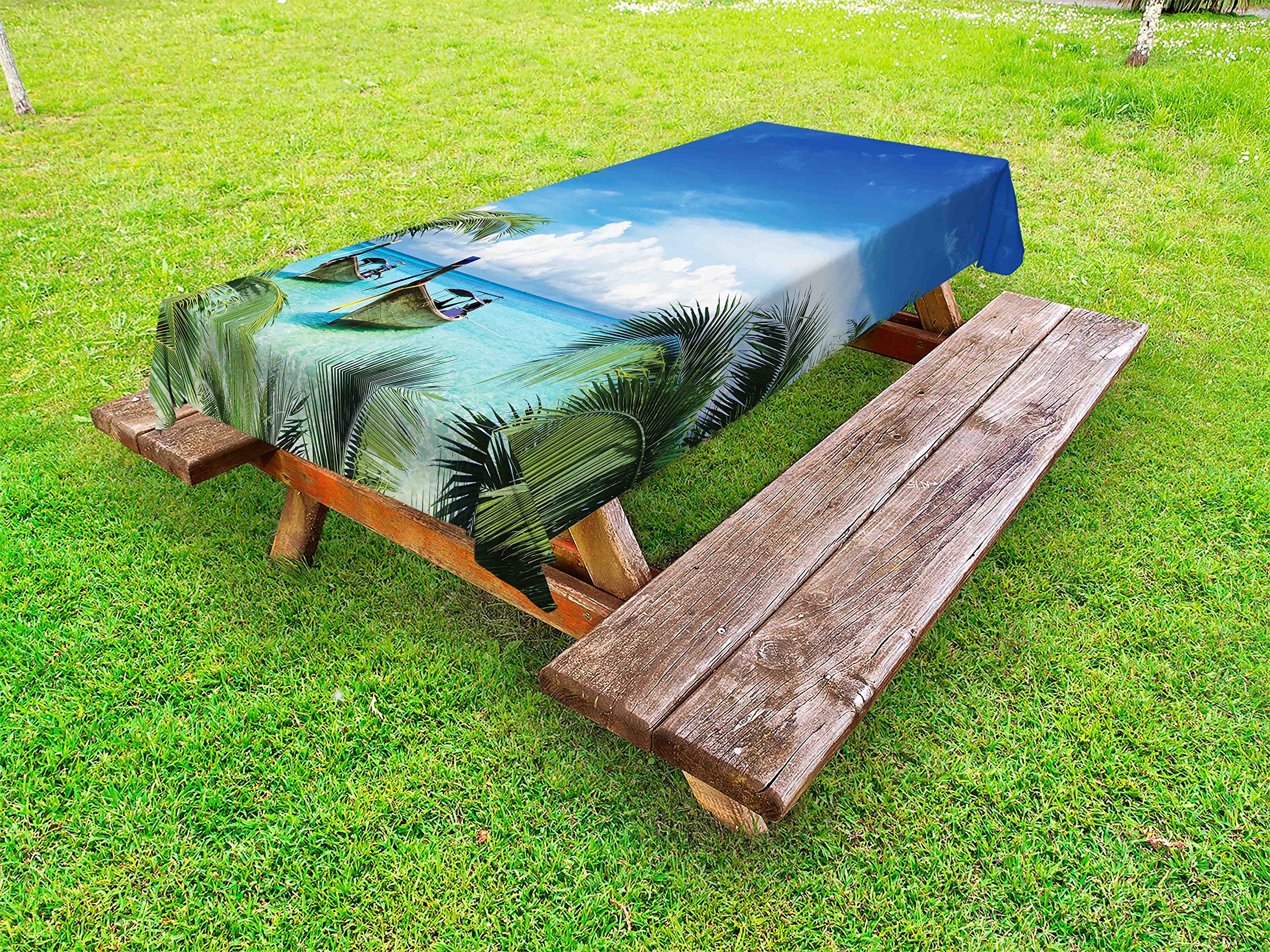 Ambesonne Waterproof Outdoor Tablecloth - Hawaiian Beach Design with Palm Trees & Fishing Boats - 58
