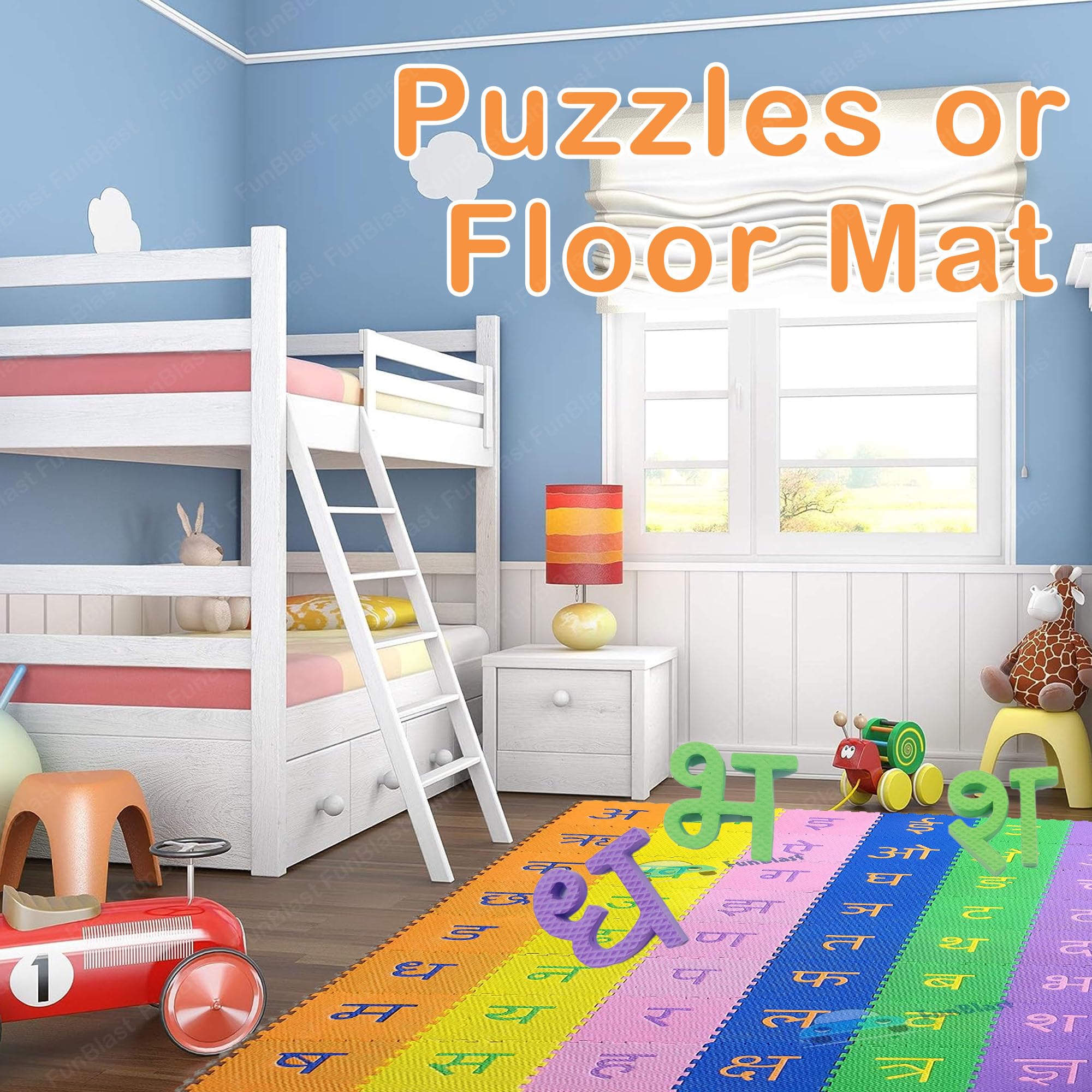 FunBlast 48-Piece Hindi Alphabet Foam Puzzle Mat for Kids - Colorful Interlocking ABC Learning Tiles for Playroom & Classroom Educational Activities