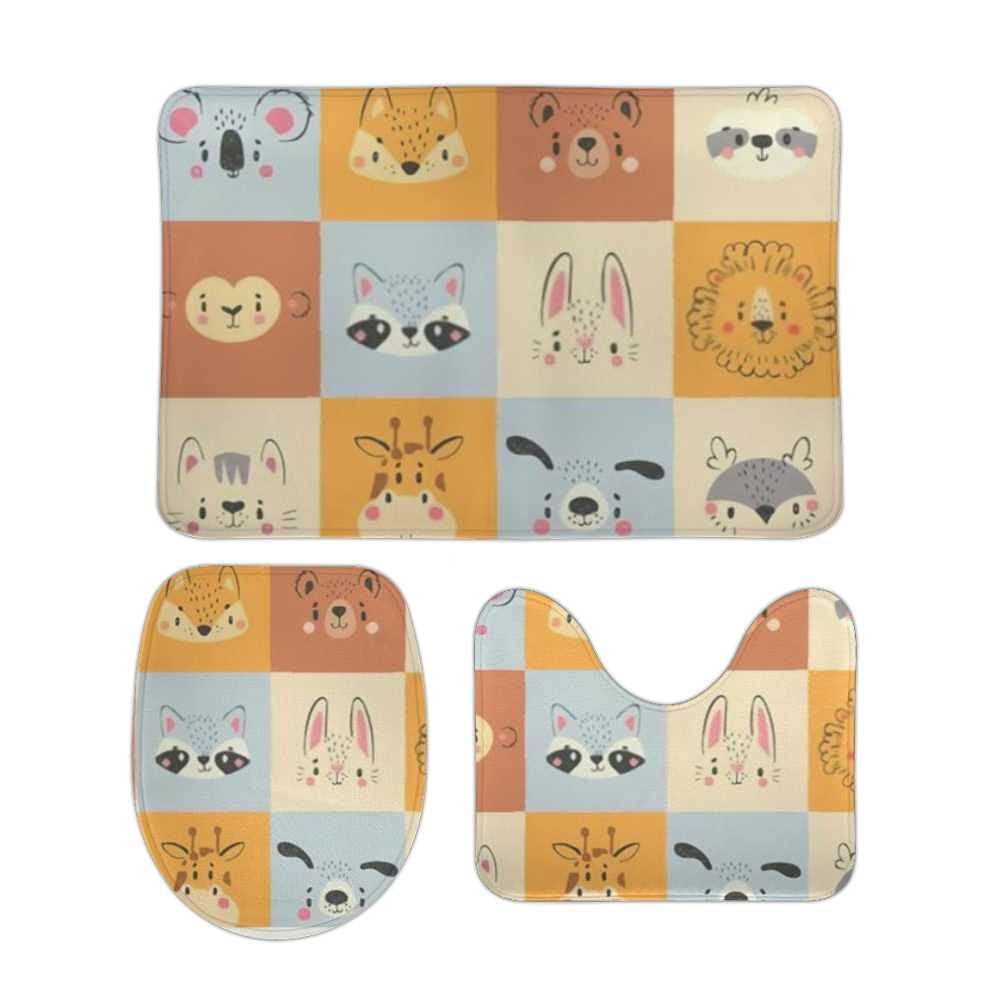 Cute Cartoon Kawaii Happy Animals 3-Piece Bathroom Rug Set - Non-Slip, Absorbent & Soft Shower Mats for Tub, Toilet, Sink - Perfect for Bathroom, Bedroom, Office, Kitchen & Laundry - Adds Fun & Comfort to Your Daily Routine