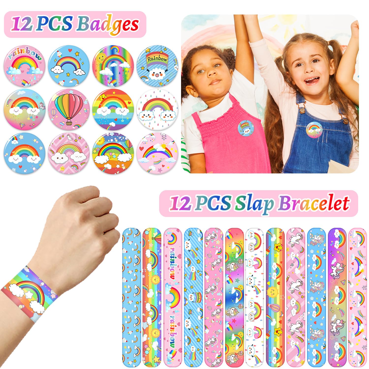 110-Piece Rainbow Party Favors Set - Slap Bracelets, Button Pins, Stickers, Temporary Tattoos & Key Chains - Perfect for Kids Birthday Parties, Baby Showers & Unicorn Themed Celebrations - Includes Gift Bags & Decorations for Boys & Girls