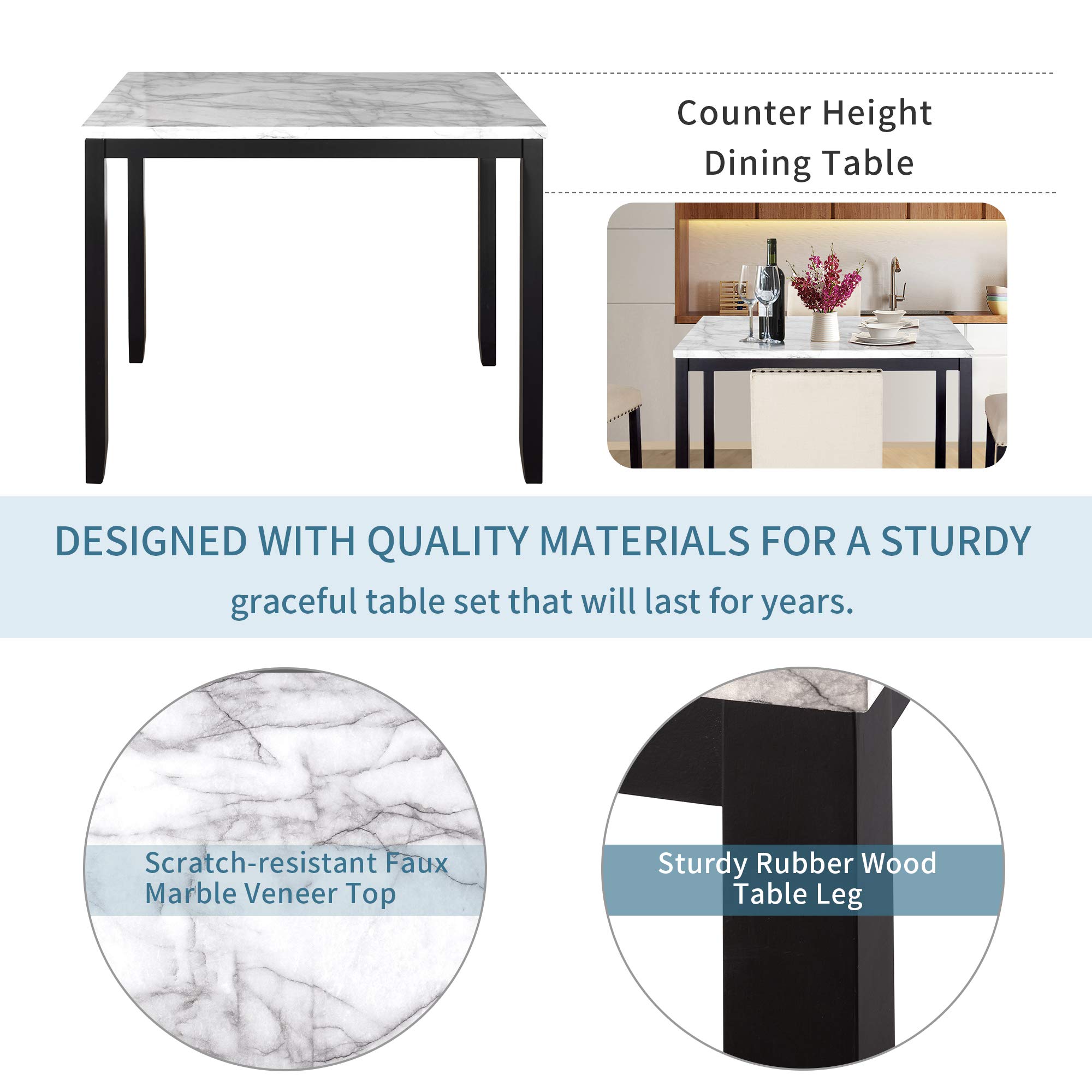 5-Piece Modern Counter Height Dining Set with High-Back Chairs & Marble Veneer Table - Beige Fabric Kitchen Pub Table for Small Spaces, Breakfast Nooks & Apartment Dining | Perfect for Entertaining, Family Meals & Compact Homes