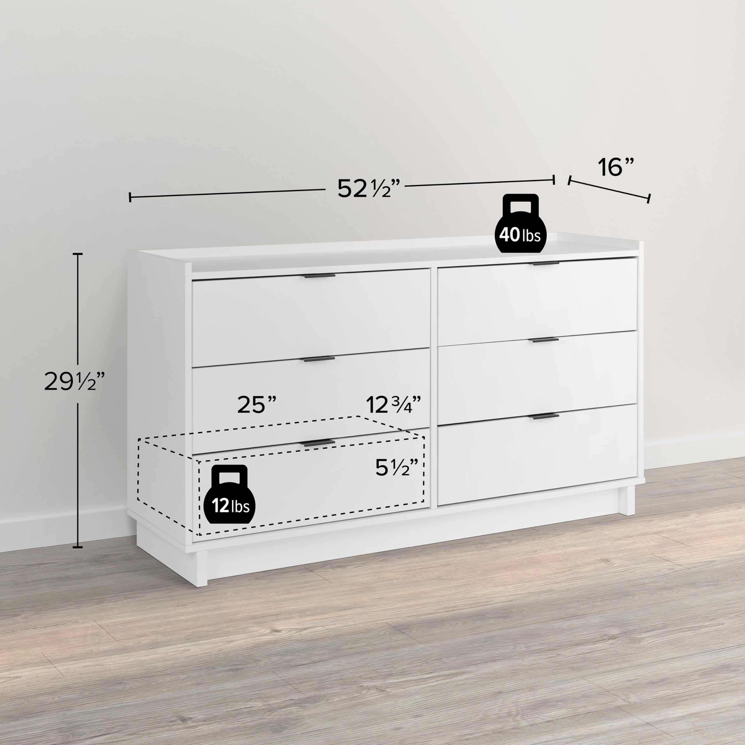 Prepac Simply Modern 6-Drawer Double Dresser - White Contemporary Bedroom Chest of Drawers (52.5