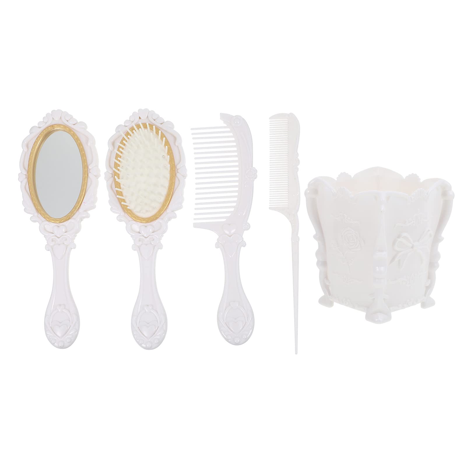 Vintage Makeup Mirror and Comb Set for Women - 2 Antique Cosmetic Mirrors & 2 Hair Combs with Storage - White Round Hand Mirror - Perfect for Vanity, Bridal Dressing, and Travel Accessories