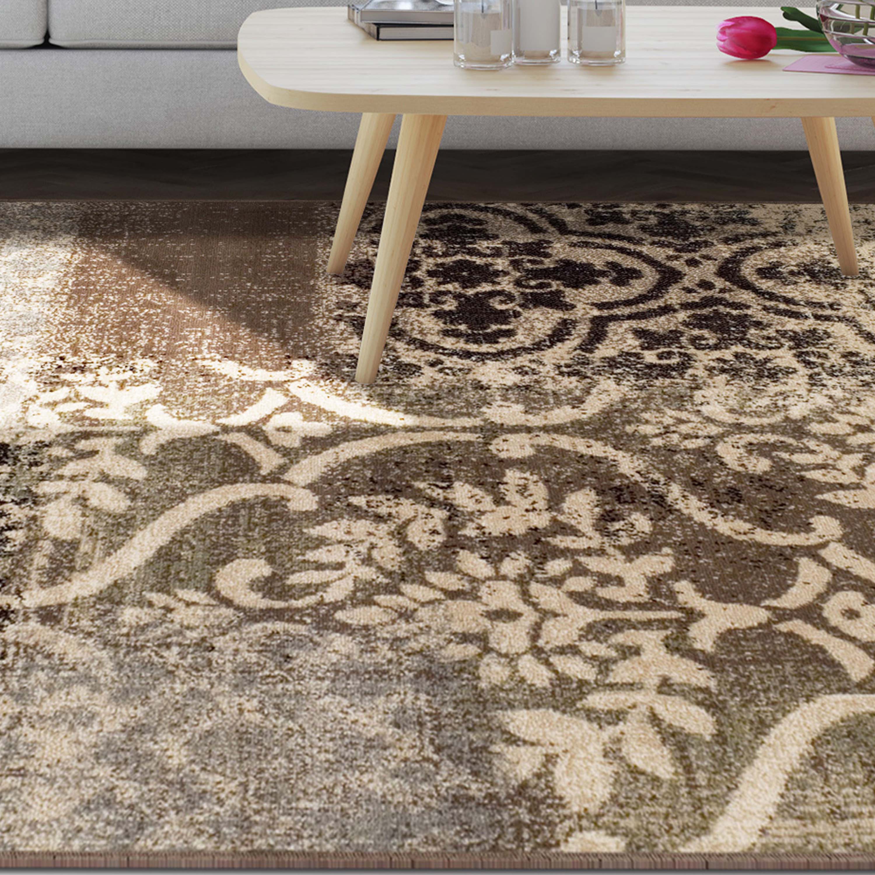 Bristol Distressed Abstract Damask Indoor Area Rug - Non-Slip Living Room Carpet Runner for Bedroom, Hallway & Entryway Decor