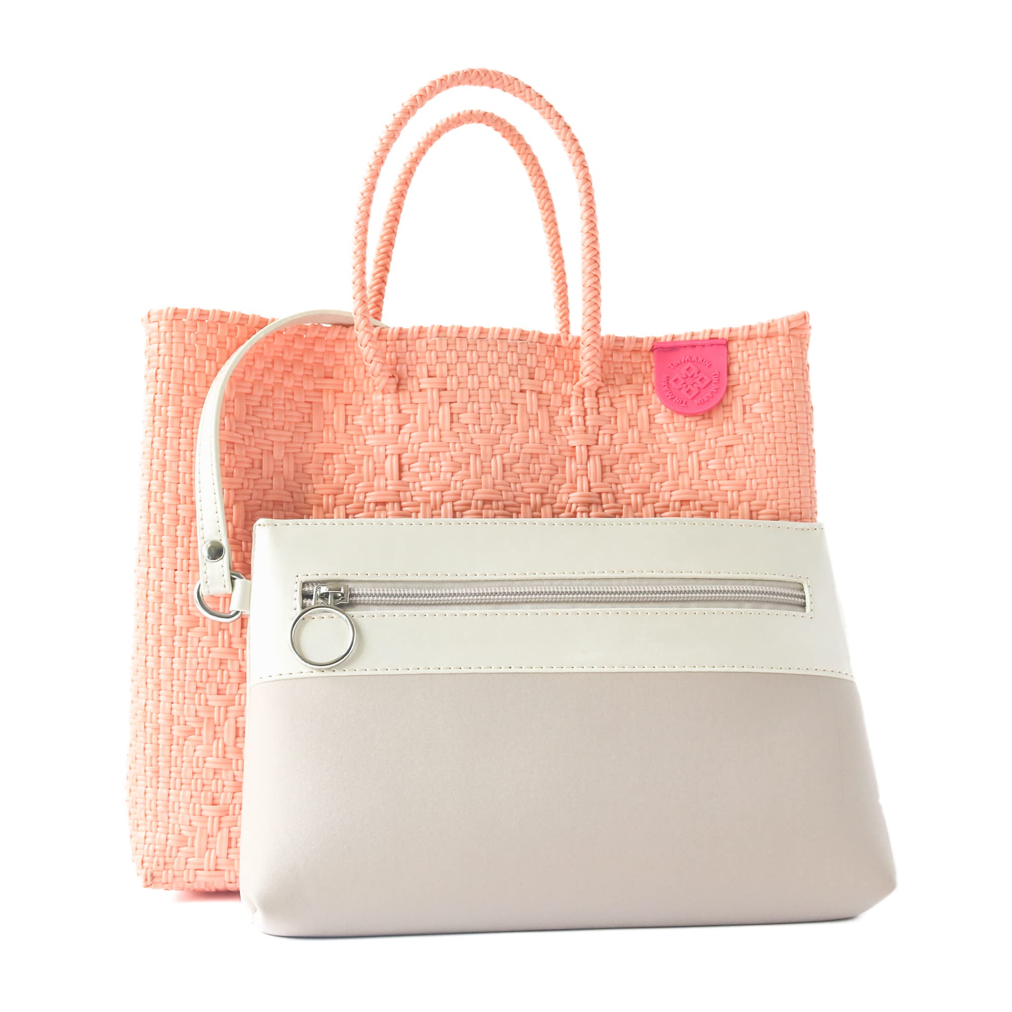 Canarias Medium Woven Crossbody Bag - Detachable Mesh Pouch, Orange Coral Beach Bag, Recycled Plastic Purse | Mexican Woven Handbag for Women | Perfect for Beach Vacations, Resort Wear & Summer Outings