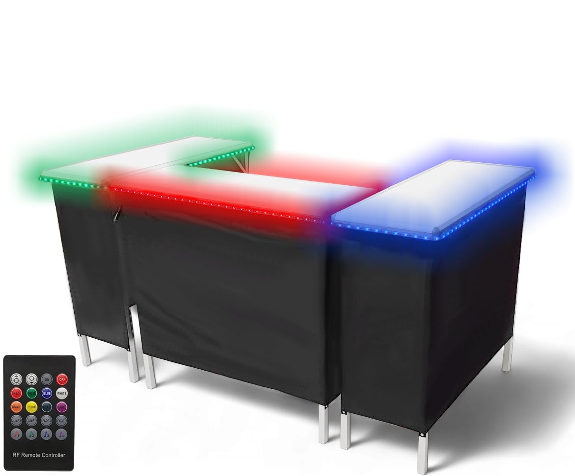 PARTYPONG Folding Portable Triple Bar with LED Lights - Wireless Remote Control, 2 Bar Skirts, Storage Shelf & Carrying Case - White | Perfect for Home Parties, Outdoor Events & Tailgating