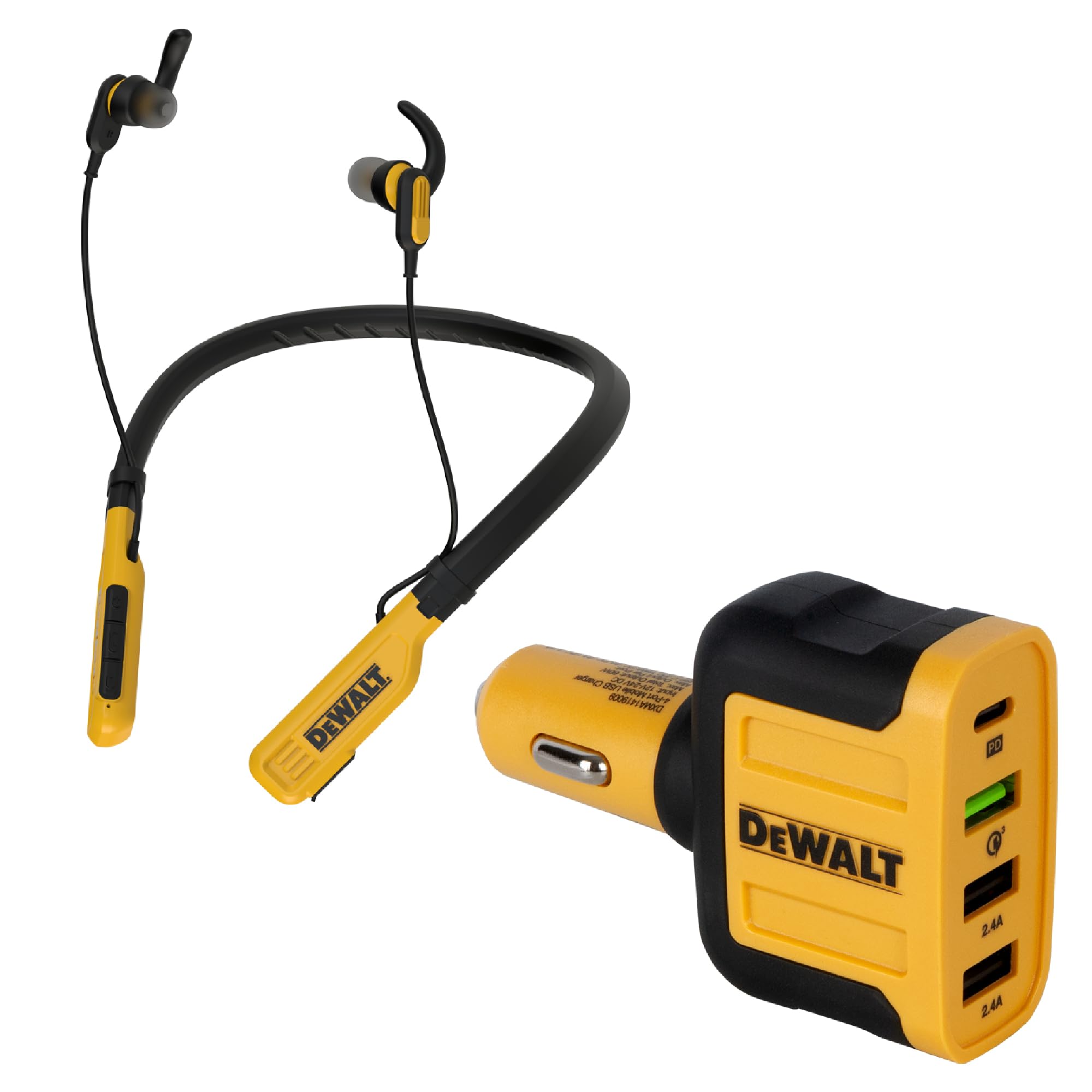 DEWALT Wireless Bluetooth Neckband Headphones with Noise Cancellation & 60W 4-Port Fast Car Charger Combo - Perfect for Construction Workers, Truck Drivers and Outdoor Adventures