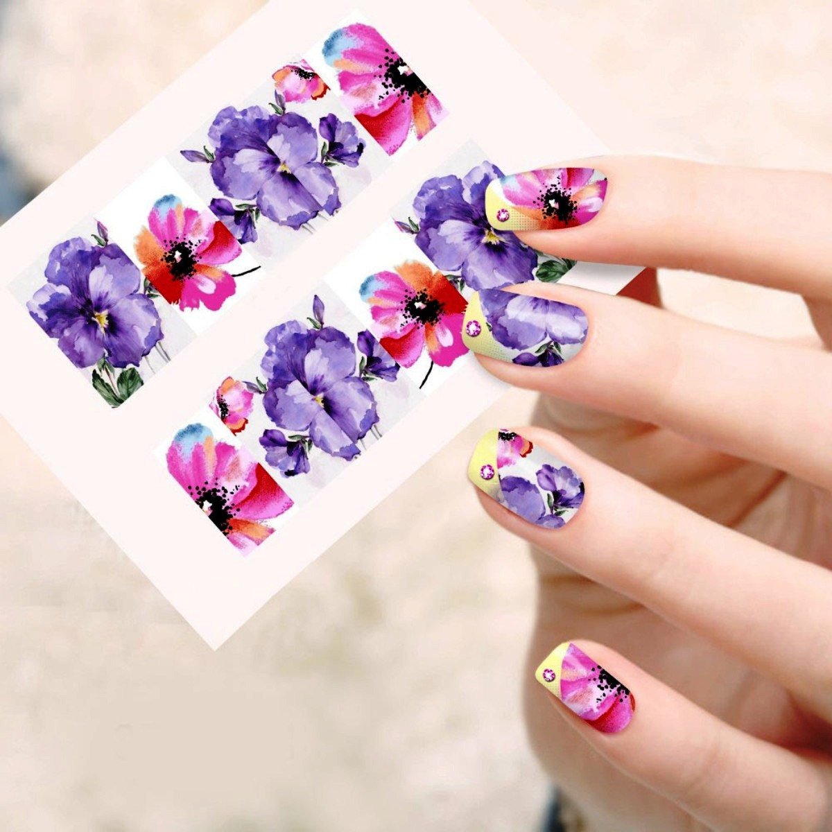 3D Oil Printing French Nail Art Water Transfer Stickers - Purple Floral Design for Manicure & Nail Decoration | Perfect for Salon, Home DIY, Parties & Special Occasions
