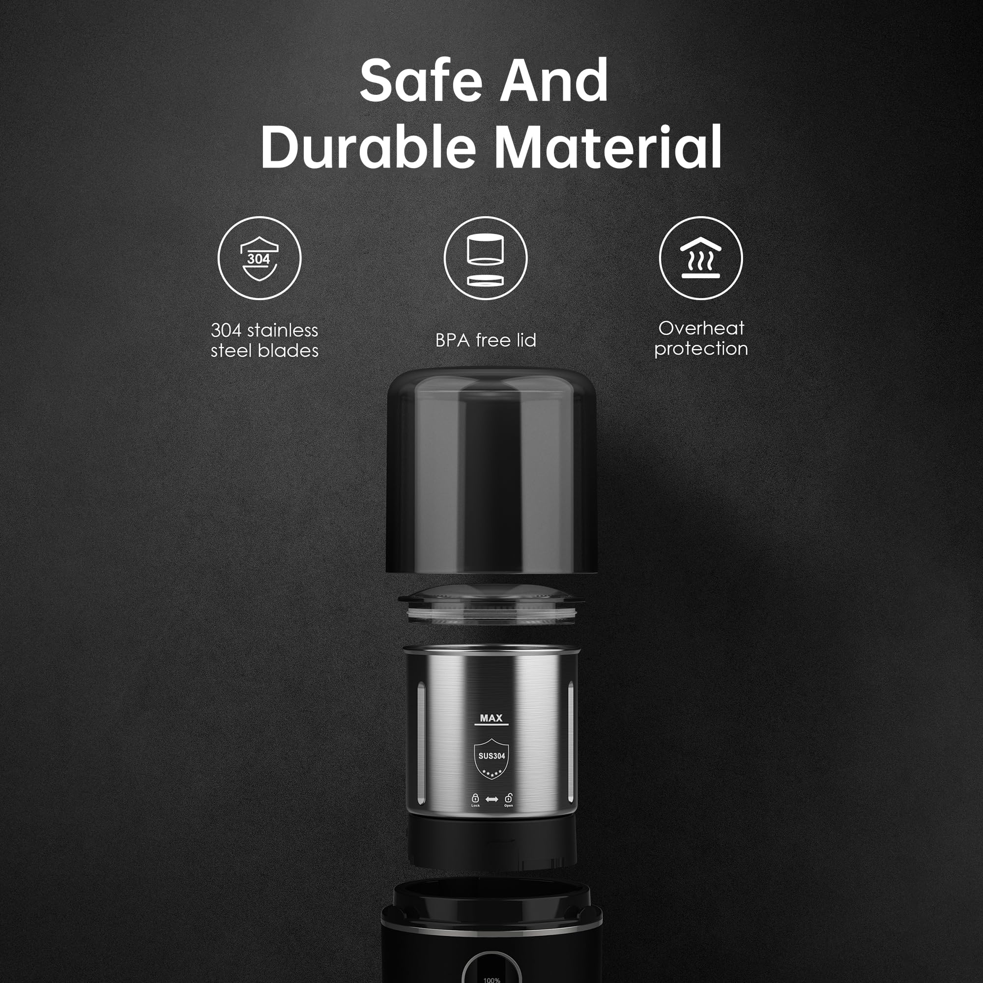 Premium Electric USB Rechargeable Coffee Grinder - 304 Stainless Steel Blade & Removable Bowl for Fresh Ground Coffee - Perfect for Home, Office & Travel Use - Black