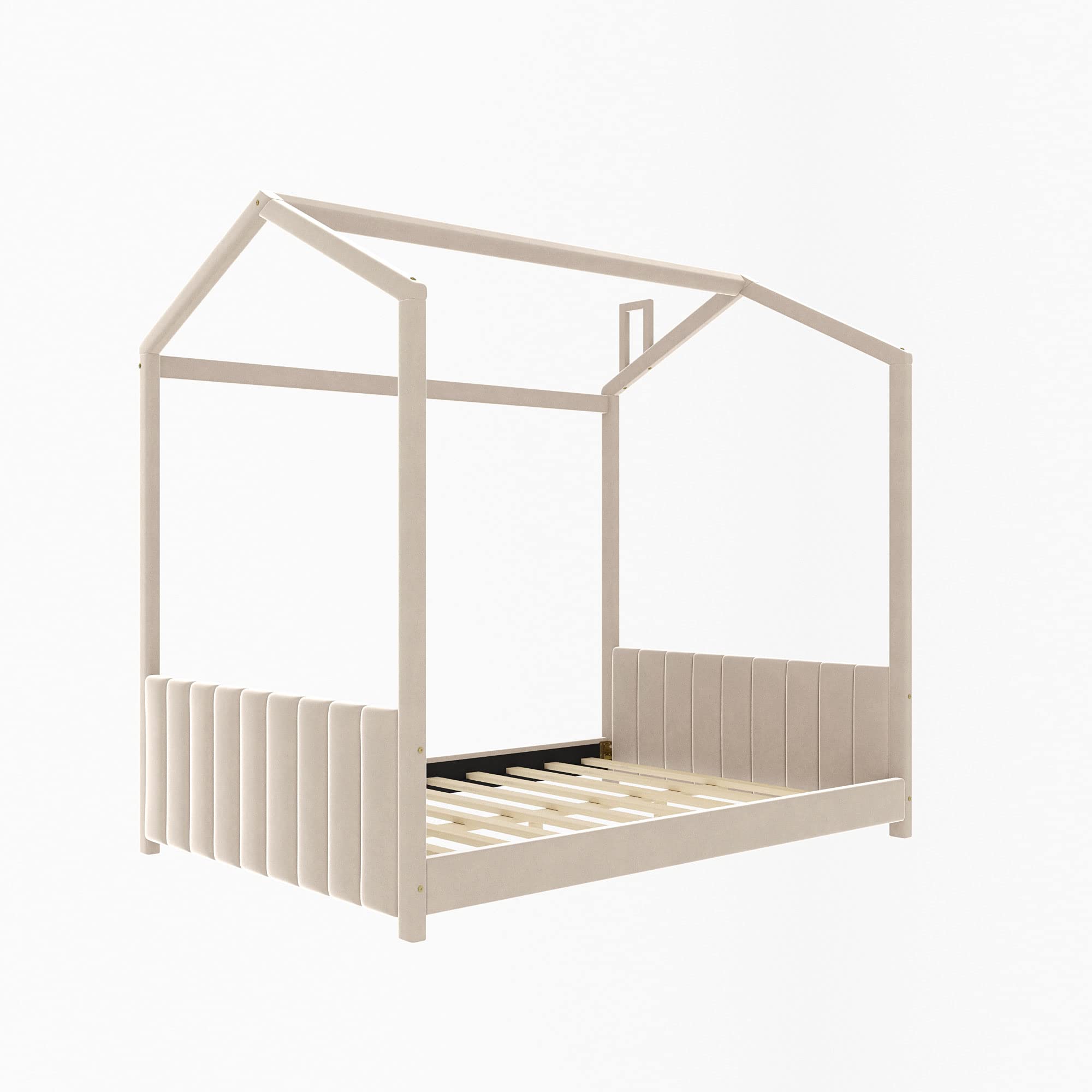 Full Size Velvet House Bed with Roof, Headboard & Footboard - Wood Low Floor Bed Frame for Toddlers & Kids - Can Be Decorated (Beige/Velvet) - Perfect for Kids' Bedrooms, Playrooms & Cozy Sleepovers