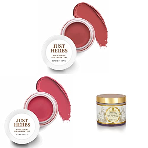 Just Herbs Ayurvedic Lip & Cheek Tint - Peachy Coral & Pink Forever | Herbal Nourishing Face Moisturizing Massage Cream 100g | Natural Makeup & Skincare for Glowing Skin | Perfect for Daily Use & Special Occasions