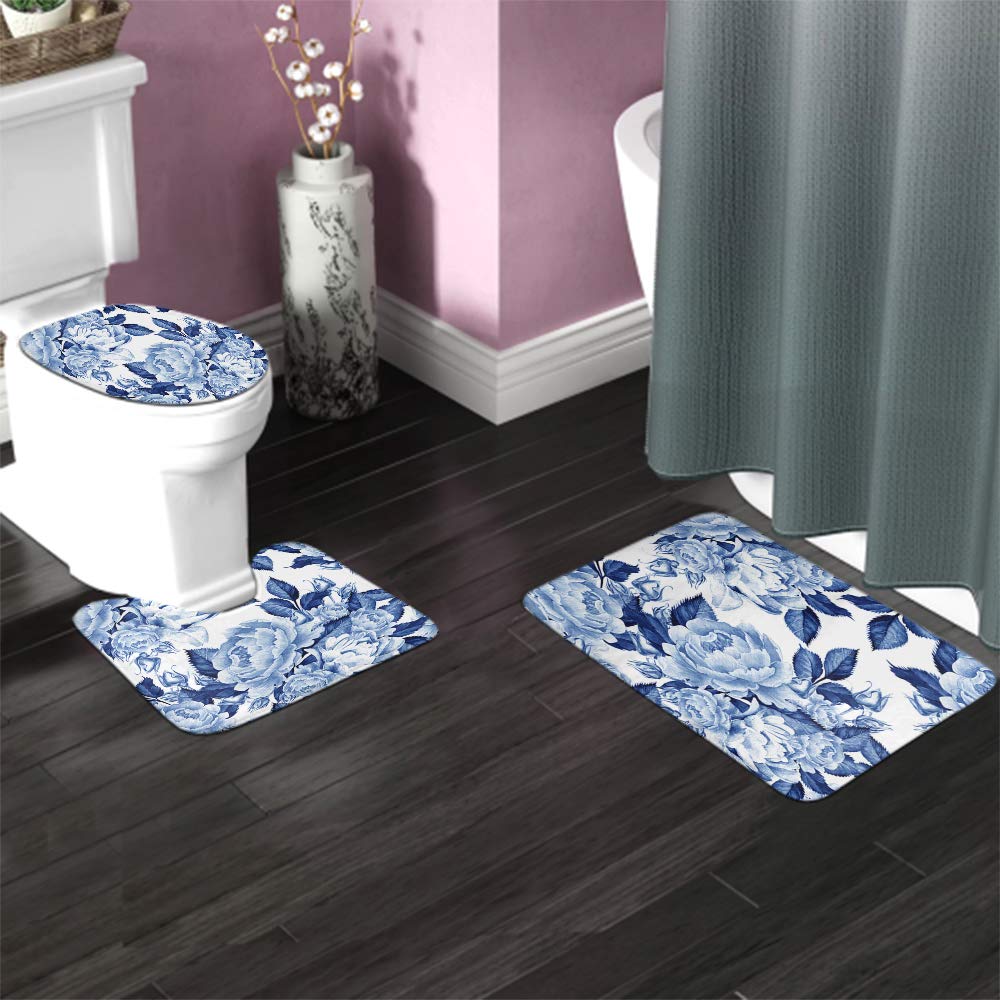 Blue Rose Bath Mat Set - Watercolor Blue Ink Peony Floral Design, Non-Slip Bathroom Rug with Toilet Lid Cover (3-Piece) | Soft & Absorbent for Bathroom, Shower, Vanity Area