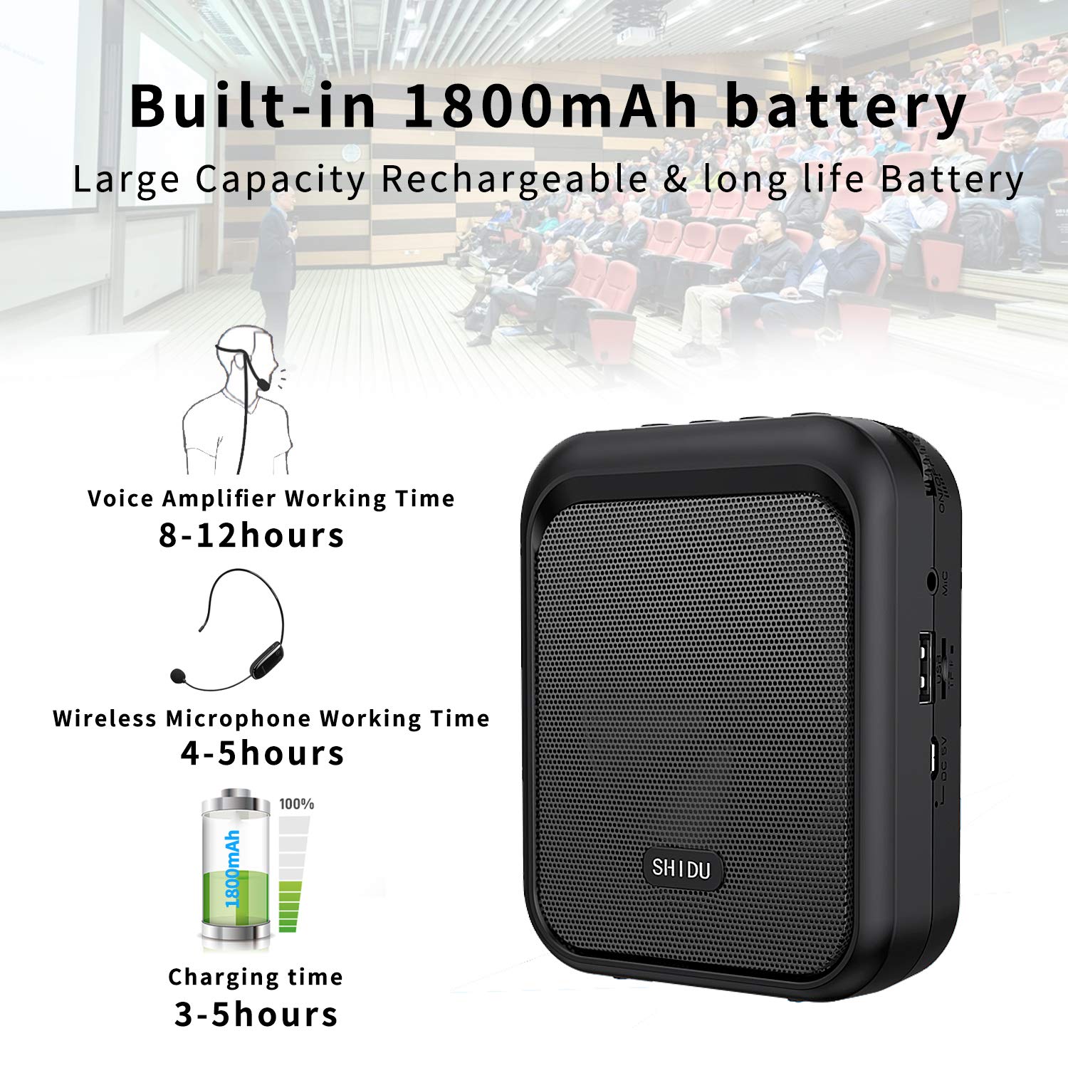 SHIDU Mini Voice Amplifier Portable Bluetooth Speaker with UHF Wireless Microphone Headset - 10W 1800mAh PA System for Teachers, Coaches, Tour Guides - Supports MP3 Format - Ideal for Classroom, Outdoor Training, Public Speaking & Presentations