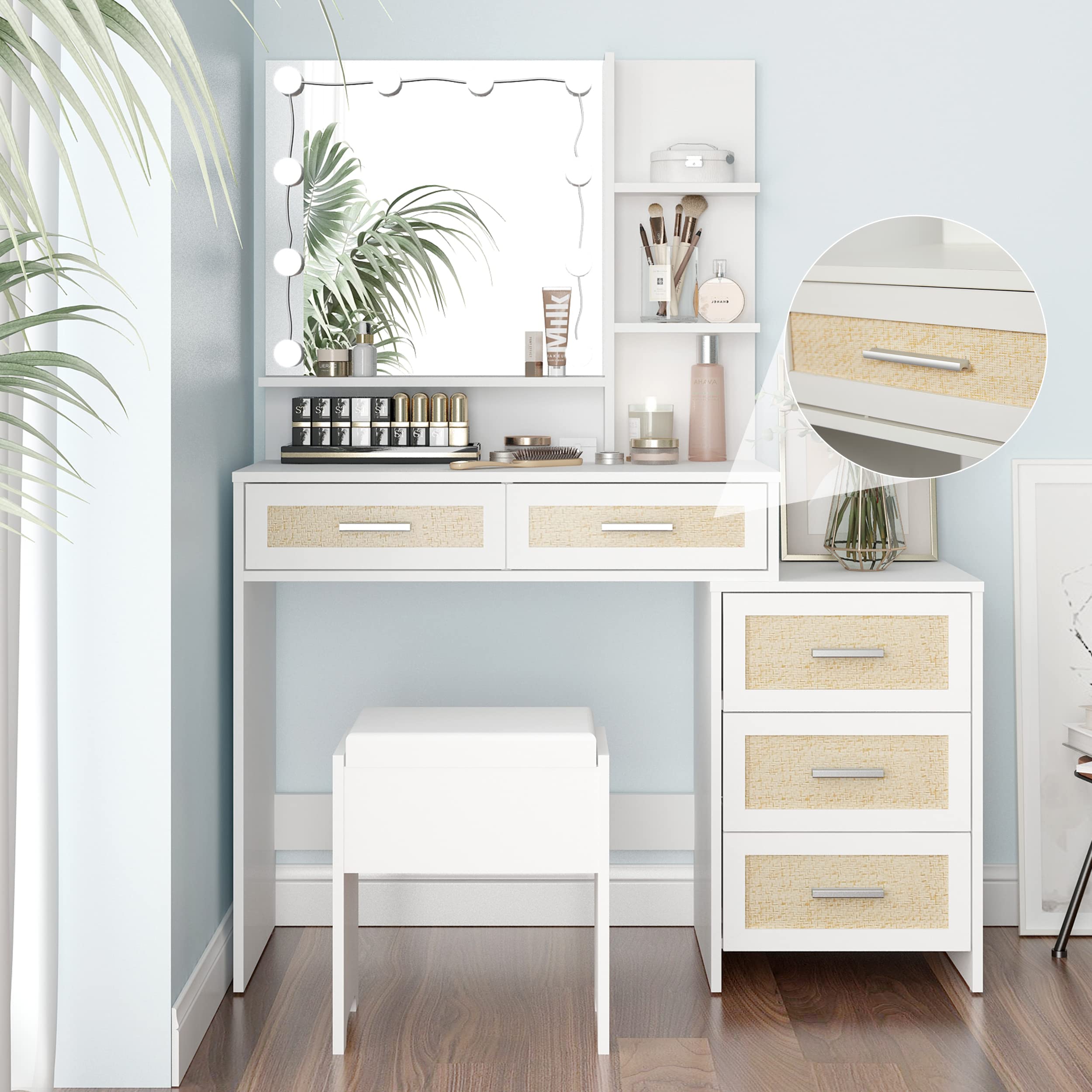 Boho Makeup Vanity Desk with Mirror & Lights - Rattan Dressing Table Set with Nightstand, 5 Drawers, 10 LED Bulbs & Cushioned Stool - White Metal Silver Handle Vanity for Bedroom, Dressing Room & Home Decor