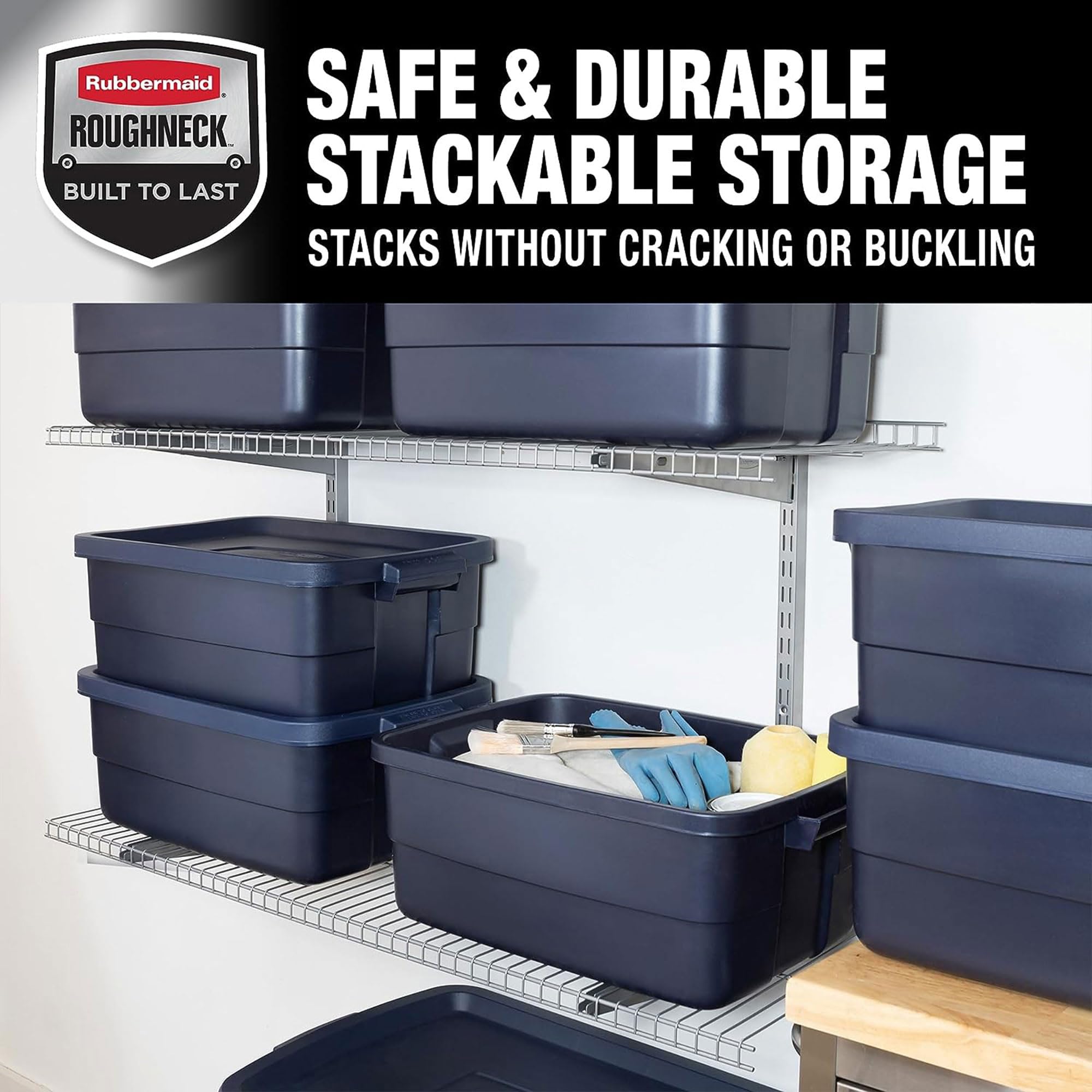 Rubbermaid Roughneck 10 Gallon Storage Totes - Heavy Duty Stackable Plastic Bins with Secure Latching Lids for Home Organization (Dark Indigo Metallic) - Perfect for Garage, Basement & Closet Storage Solutions