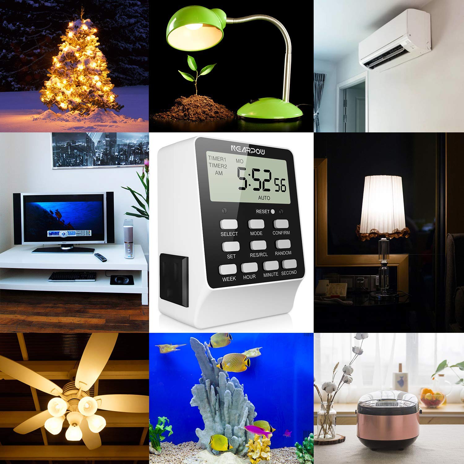 NEARPOW Dual Digital Outlet Timer - 2 Independently Controlled Outlets, 18 ON/OFF Programs, 24-Hour & 7-Day Programmable Heavy Duty Electrical Timer Switch (15A/1800W, 3-Prong) - Perfect for Indoor Lighting, Appliances, and Holiday Decorations