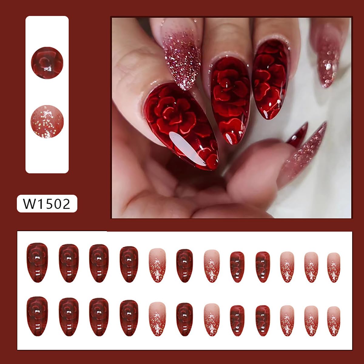 24Pcs Short Almond Press on Nails - Red Glitter Sequins Flower Design with Glue - Full Cover Acrylic Fake Nails for Women - Perfect for Parties, Weddings & Everyday Manicure Decorations