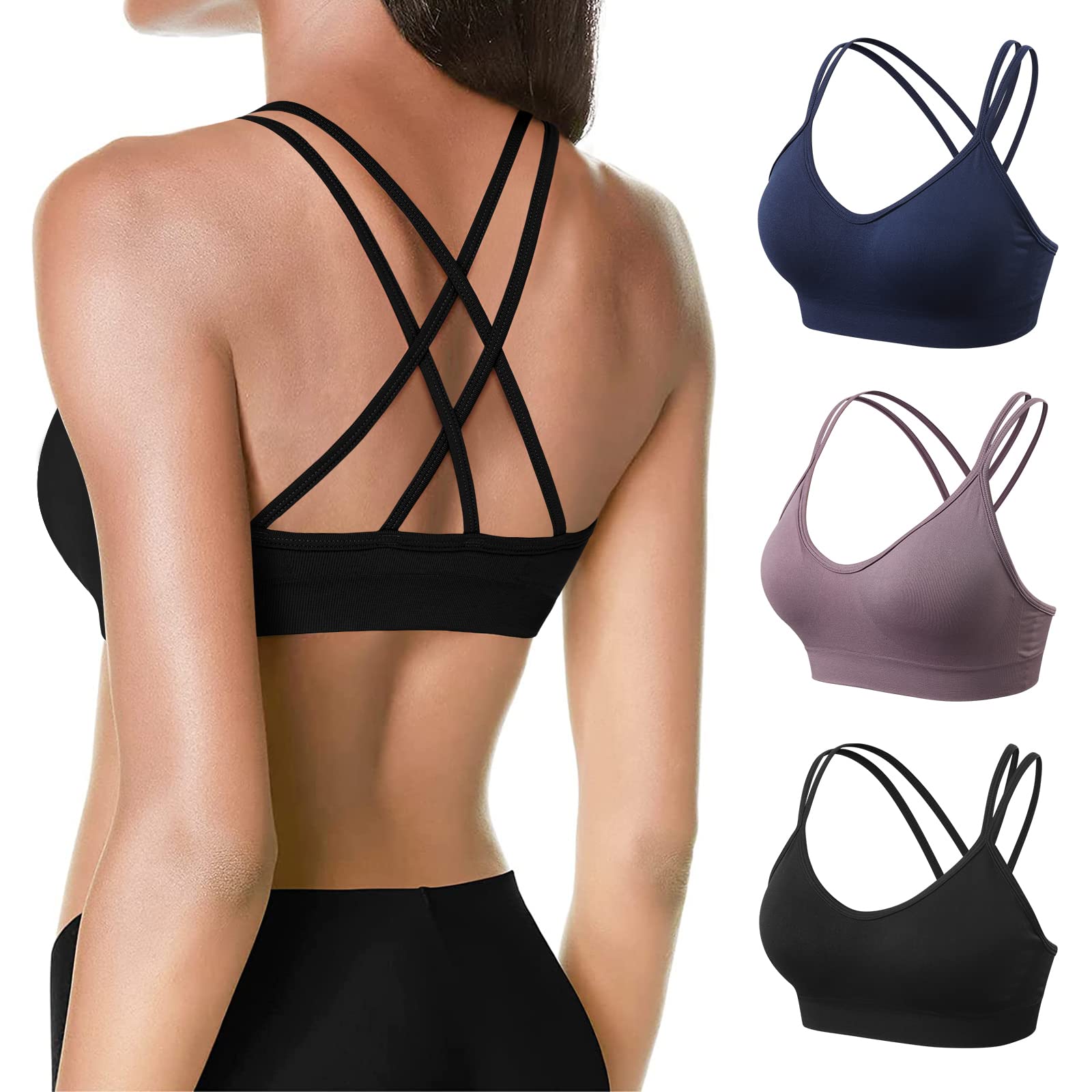 VEQKING Women's Cross Back Sports Bra - Padded Medium Support Yoga Bra for Workout & Fitness (3 Pack) | Breathable Strappy Design for Running, Gym & Active Lifestyle
