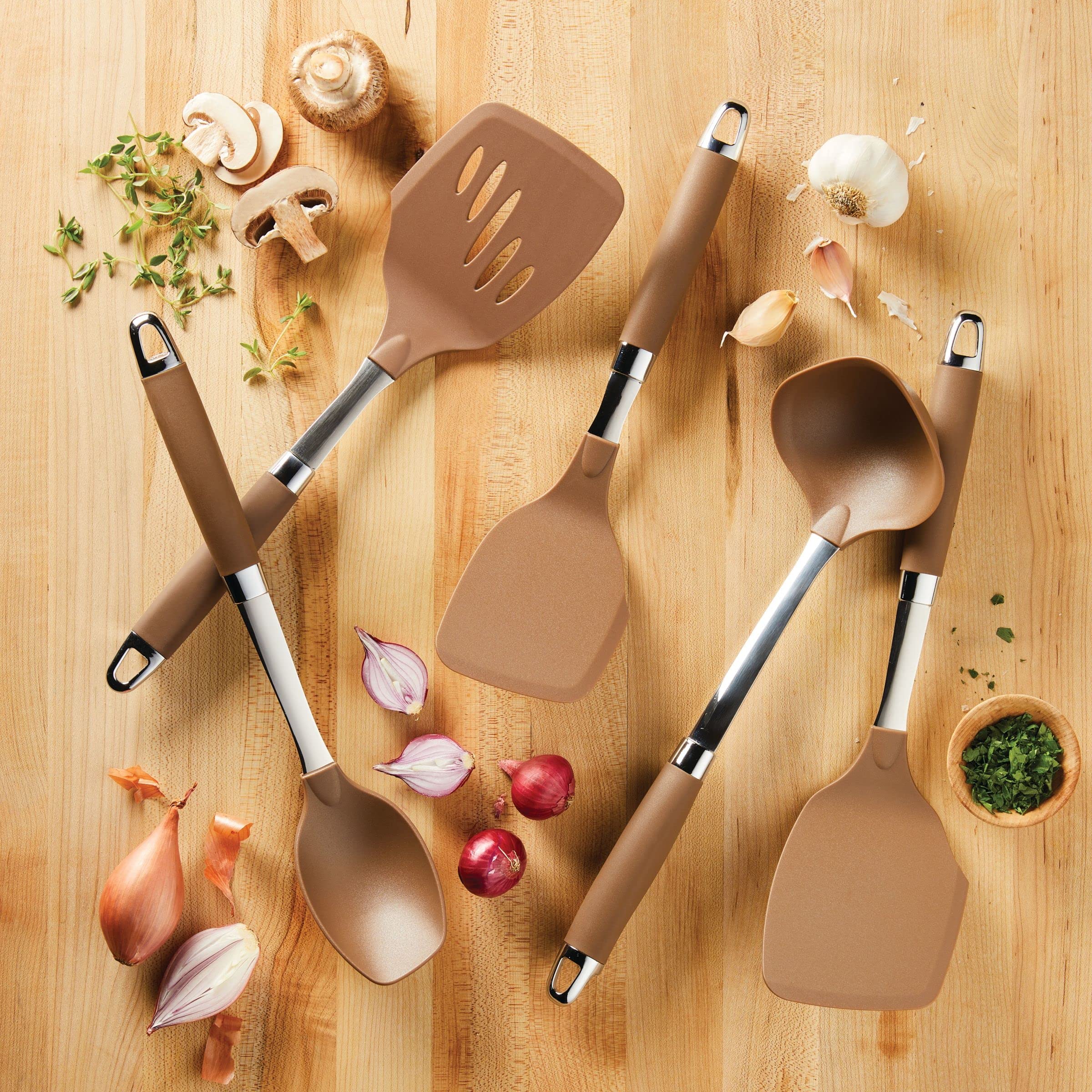 Anolon SureGrip Nonstick Kitchen Utensil Set - 5 Piece Bronze Cooking Tools for Frying, Baking & Sauteing - Perfect for Nonstick Pans & Everyday Cooking