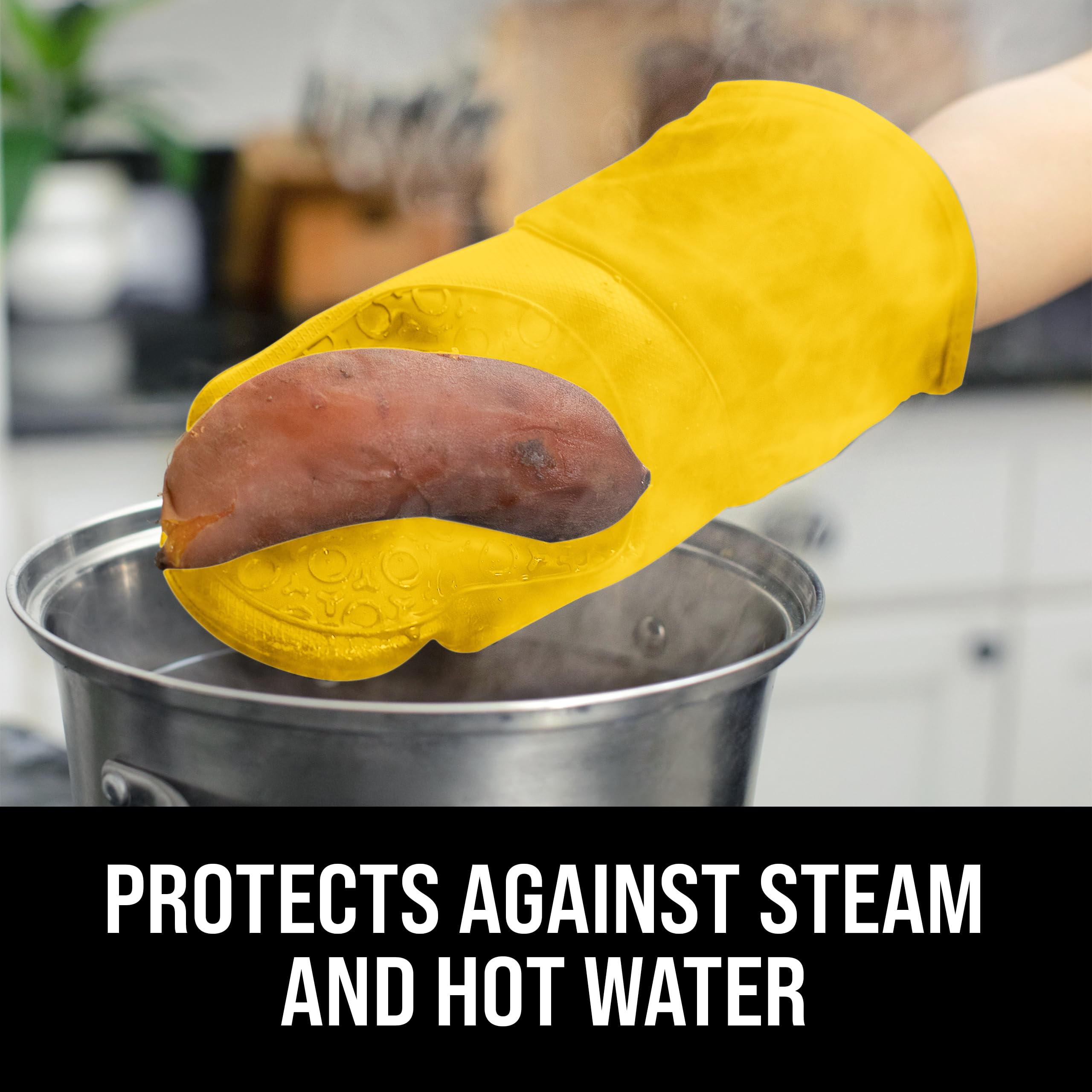 BPA-Free Soft Silicone Oven Mitts - Heat Resistant Kitchen Gloves with Thick Cotton Liner, Non-Slip Pot Holders for Baking, Grilling & Cooking - Yellow 13.7