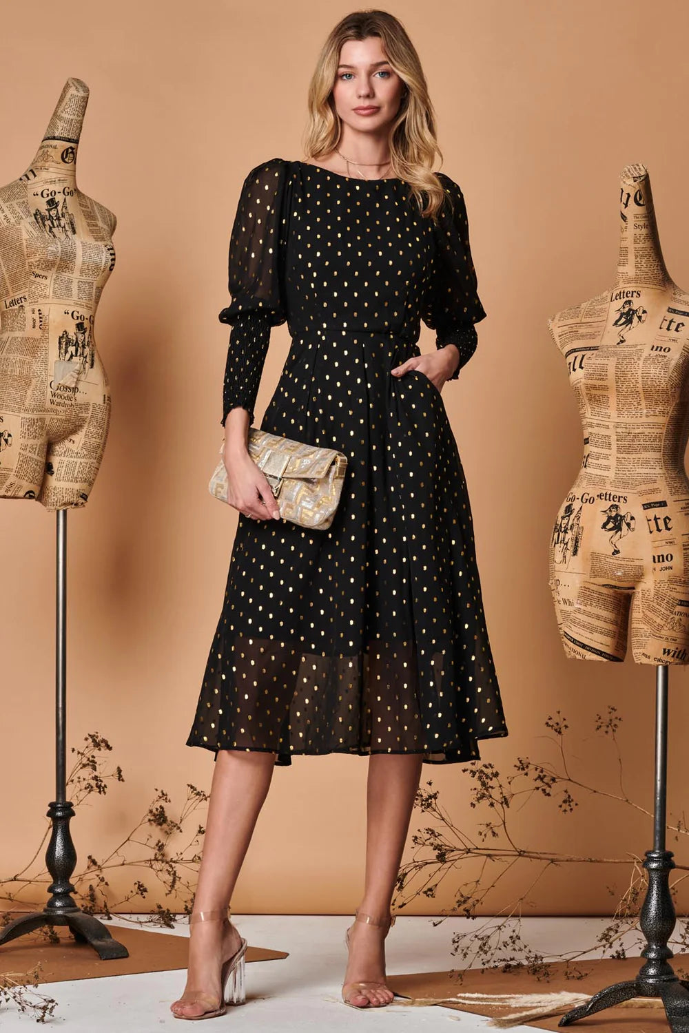 Elegant Metallic Chiffon Puff Sleeve Midi Dress in Black - Perfect for Evening Parties, Weddings & Special Occasions