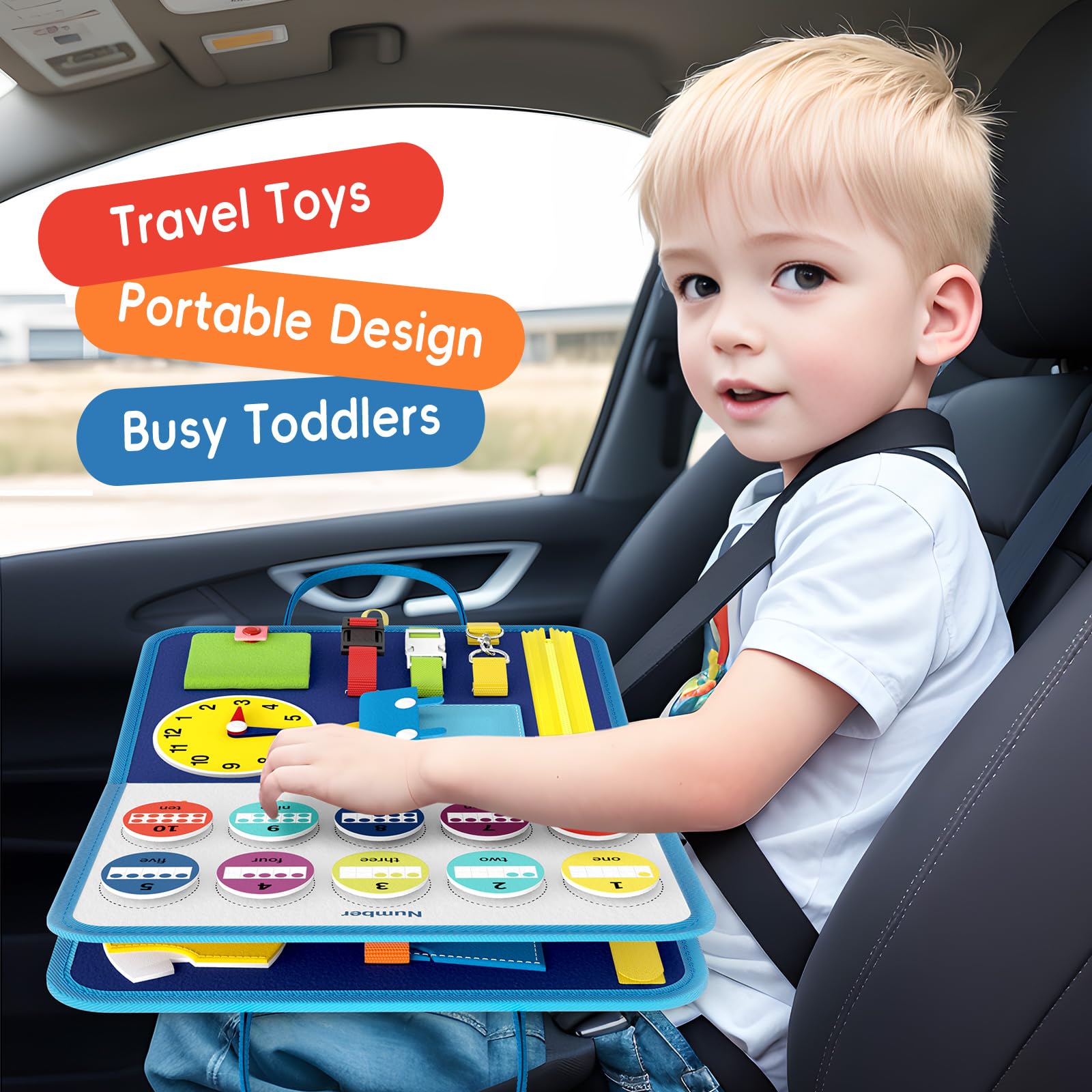 Montessori Busy Board Sensory Toys for Toddlers 1-4 Years Old - Educational Travel Activity Toy for Boys & Girls - Dinosaur Theme Learning Toy for Airplane, Car Rides & Home Play