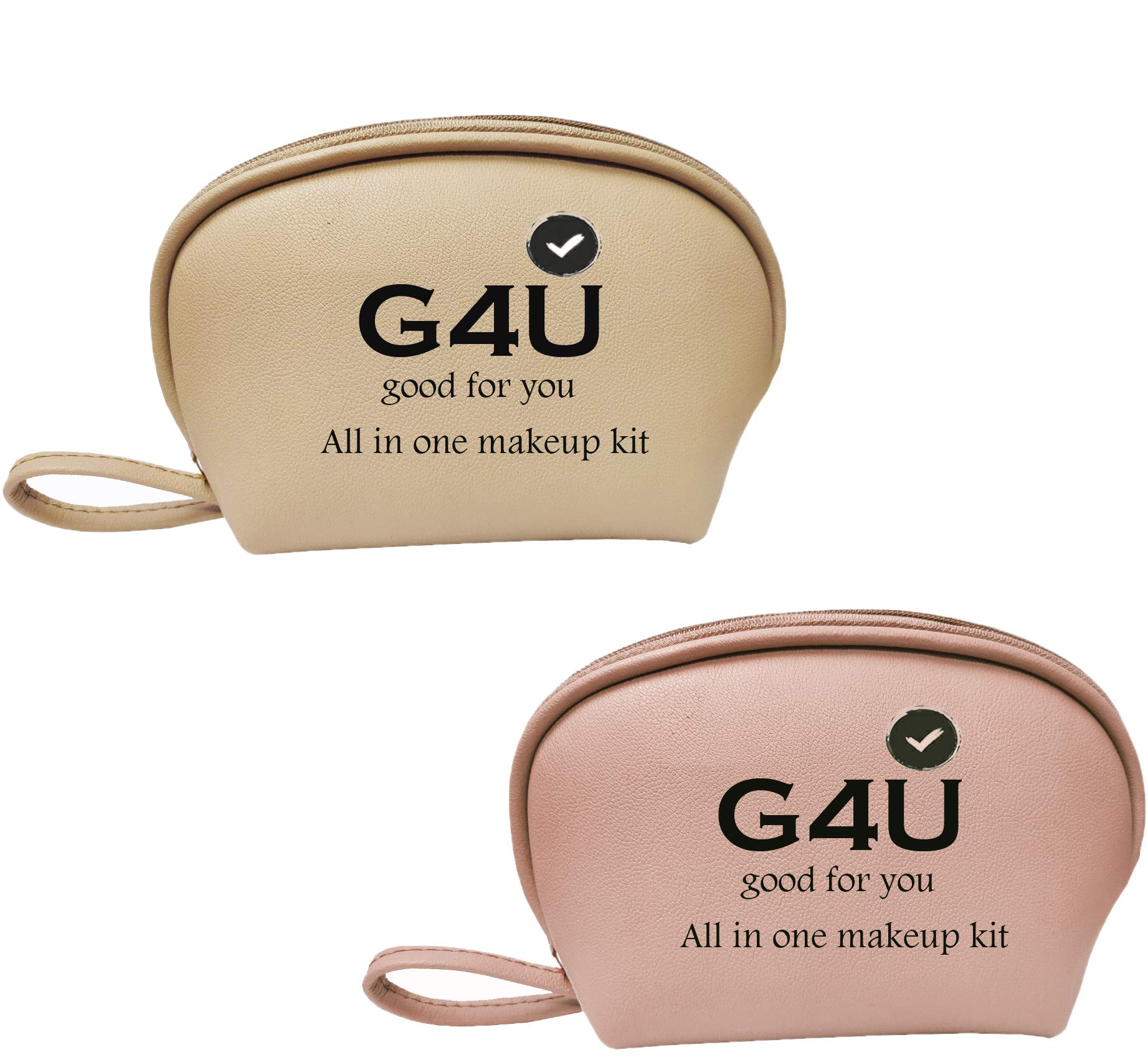 G4U 2 Pack Small Makeup Bag for Women - Waterproof Cosmetic Pouch Travel Organizer (Beige & Pink) | Perfect for Travel, Gym & Daily Essentials Storage