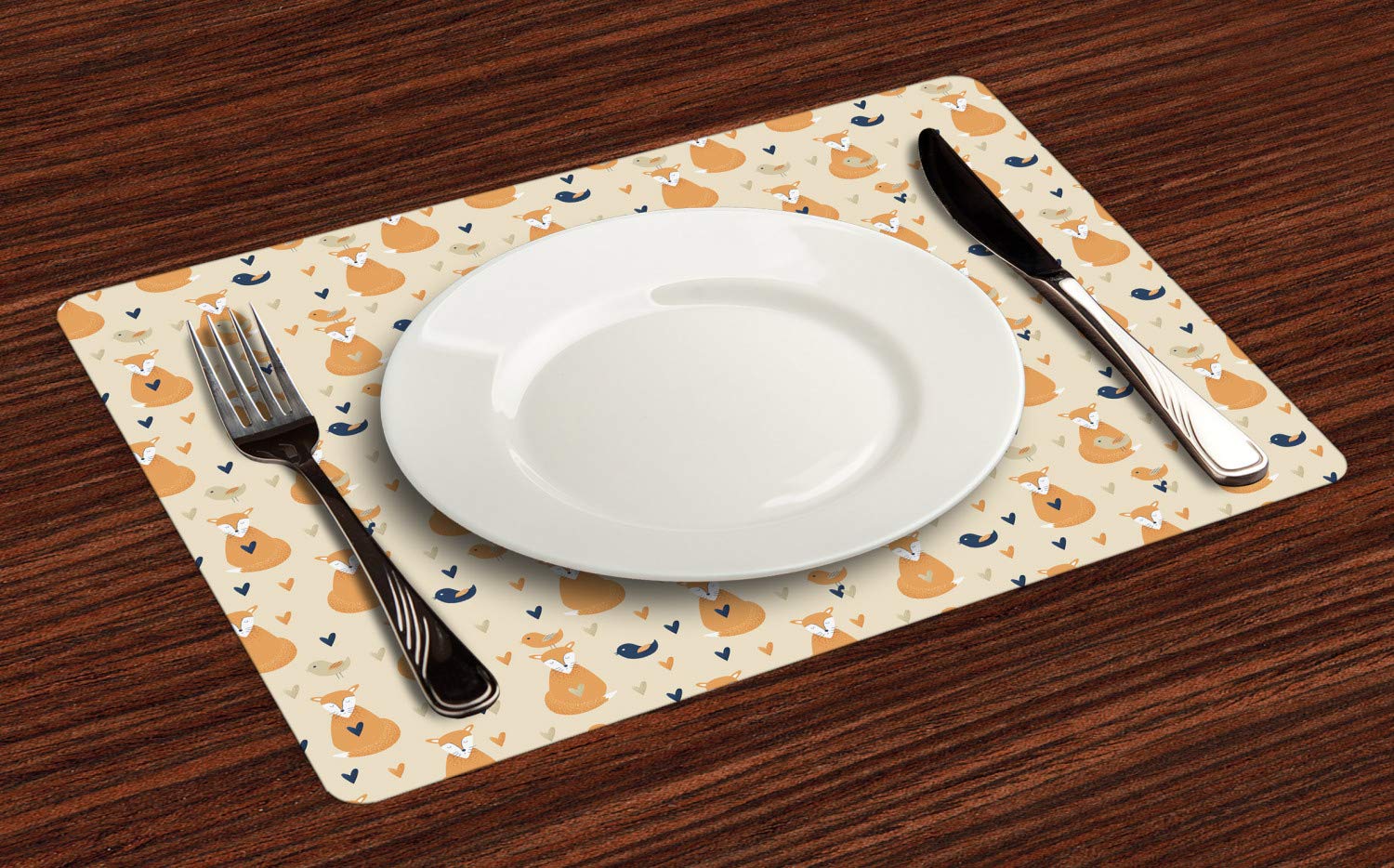 Ambesonne Forest Friends Placemats Set of 4 - Fox, Bird & Heart Pattern Washable Fabric Place Mats for Dining Table - Beige, Pale Orange, Night Blue, Dark Tan - Perfect for Kitchen Decor, Dinner Parties & Holiday Gatherings