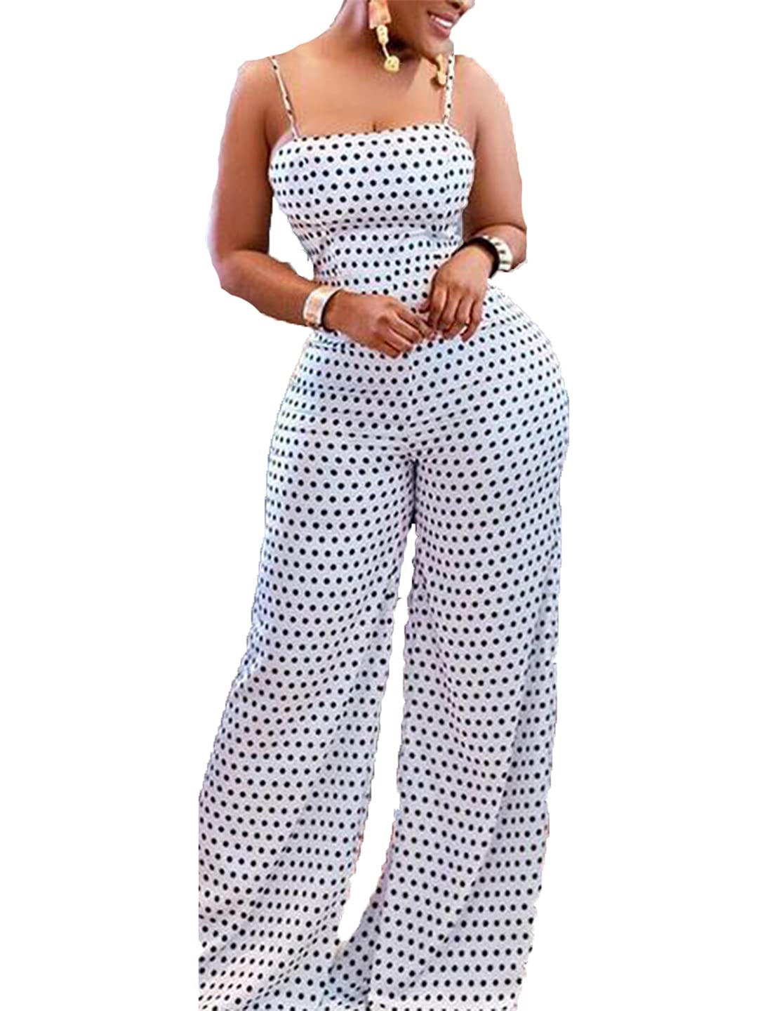 DFLYHLH Women's Summer Polka Dot Sleeveless Jumpsuit - Casual Wide Leg Spaghetti Strap Romper for Beach, Vacation & Outdoor Activities