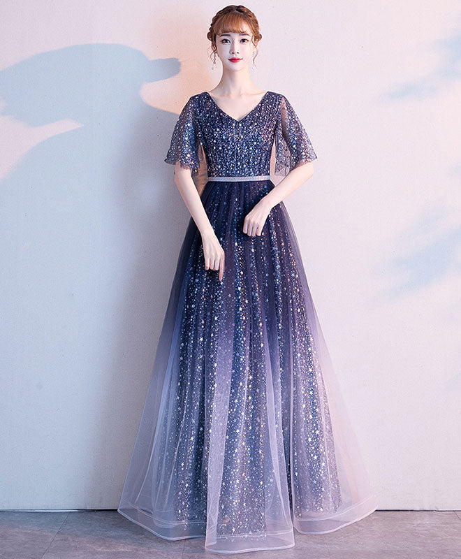 Elegant Blue Tulle Sequin Long Prom Dress for Women - Formal Evening Gown for Homecoming, Ball, and Special Occasions