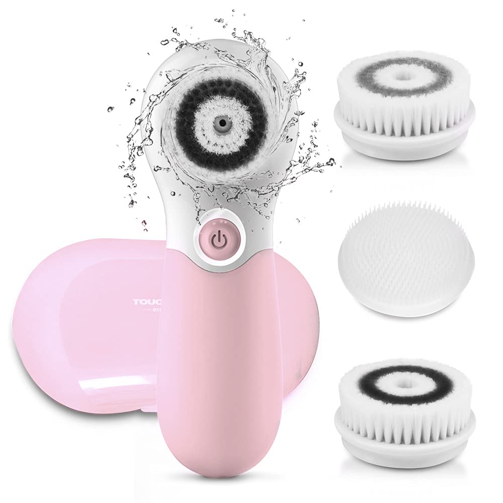 TOUCHBeauty 360° Rotating Facial Cleansing Brush - 3-in-1 Exfoliating & Deep Cleaning Spin Brush with 3 Replaceable Heads & Anti-Slip Handle for Acne, Blackheads & Glowing Skin | Perfect for Daily Skincare Routine, Travel & Spa Use (Pink)