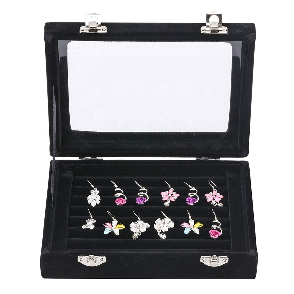 Velvet Jewelry Box for Rings & Earrings - Premium Glass Display Case with 2 Clasps - Perfect for Jewelry Storage, Organizer & Gift Packaging (Home, Retail Store, Wedding)
