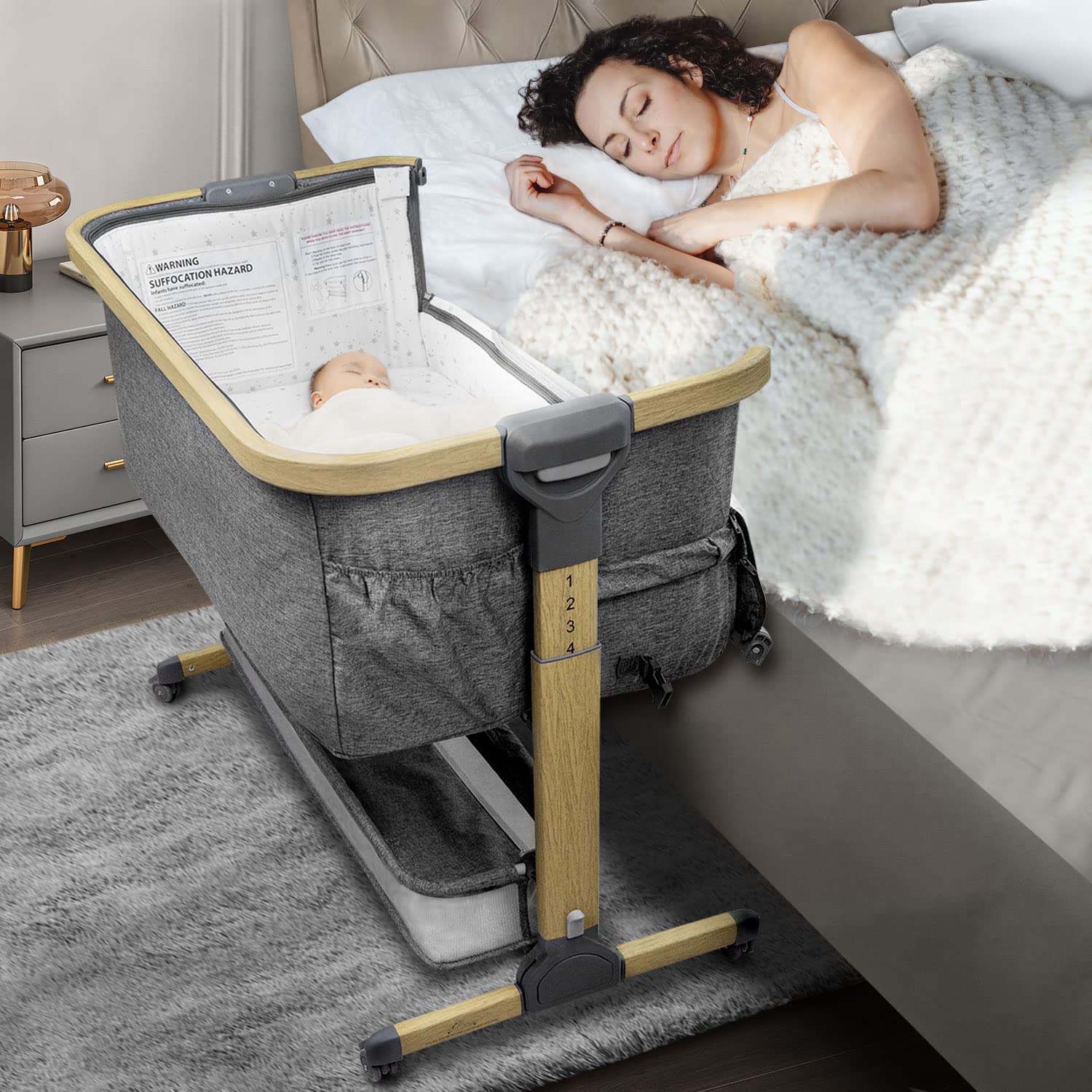 SKIH Baby Bassinet Bedside Sleeper - Foldable Crib for Newborns with Mattress & Storage Basket | Portable Playard for Nursery & Travel | Quick Assembly (White Oak) | Perfect for Co-Sleeping, Bedroom & On-the-Go Parents