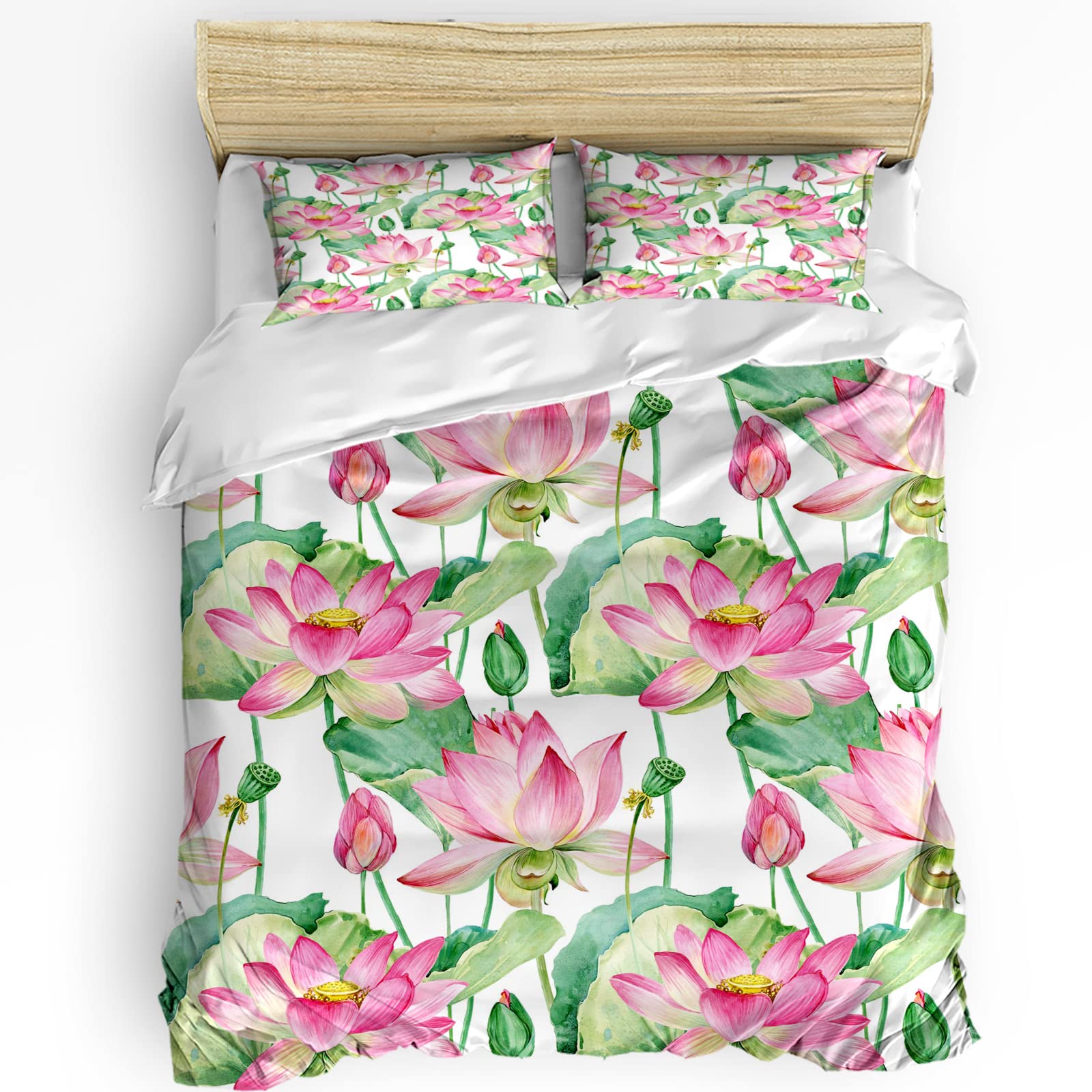 Queen Duvet Cover Set - Pink Lotus Watercolor, Washable Bedding for Home Decor