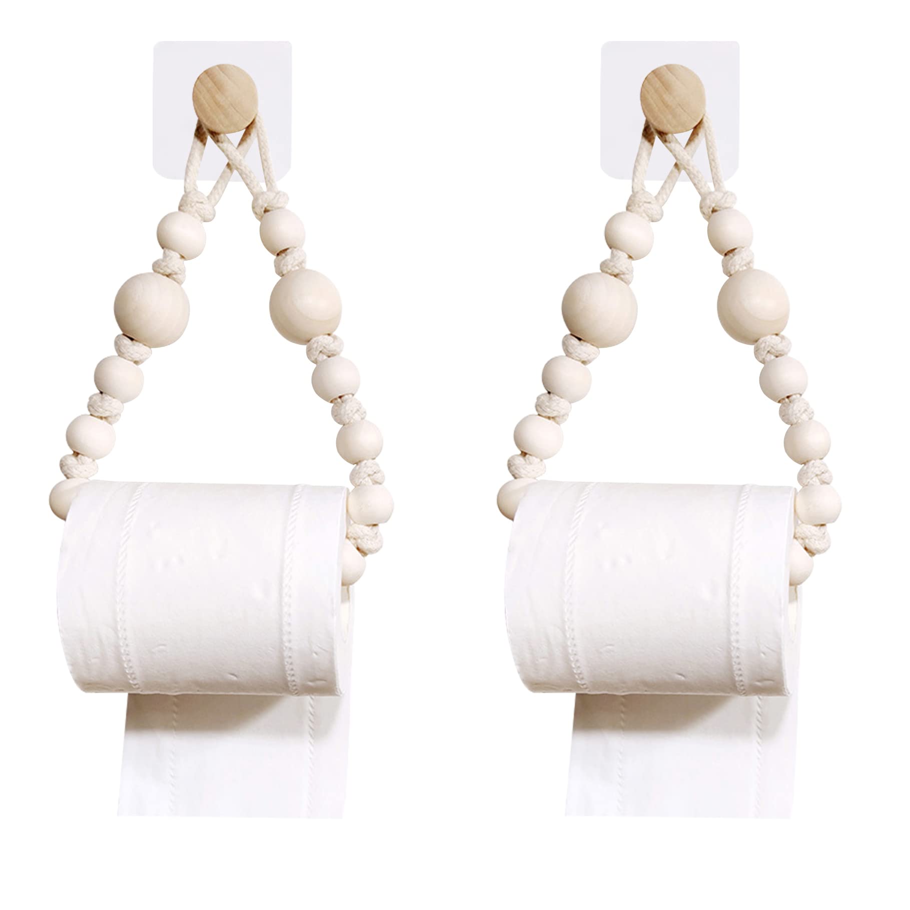 2 Pack Wooden Hemp Rope Toilet Paper Holder - Farmhouse Beaded Tissue Roll Hanger with Natural Wood Beads - Rustic Boho Bathroom Wall Decor for Home, RV, and Cabin Use