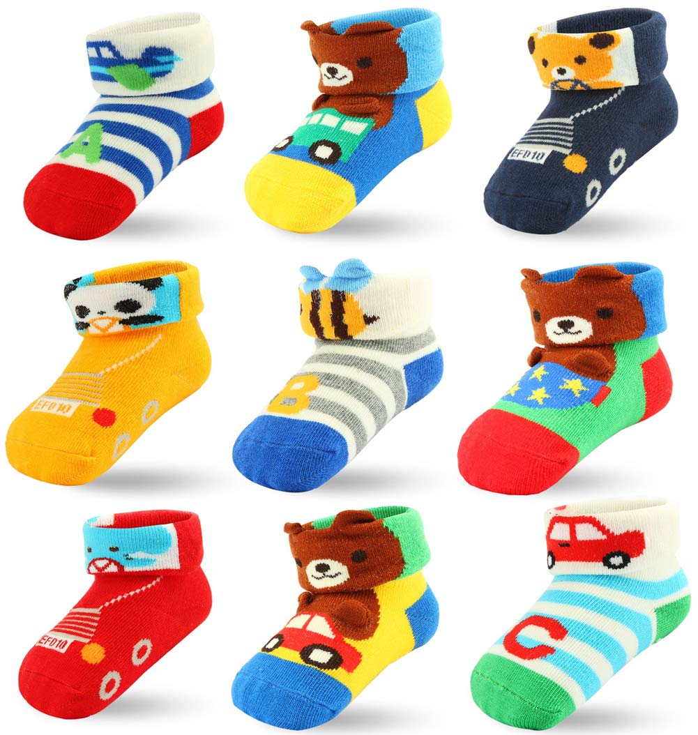 9 Pairs Baby Boy Non-Slip Grip Socks - Soft Cotton Newborn Infant & Toddler Anti-Skid Socks for Playtime, Crawling & First Steps