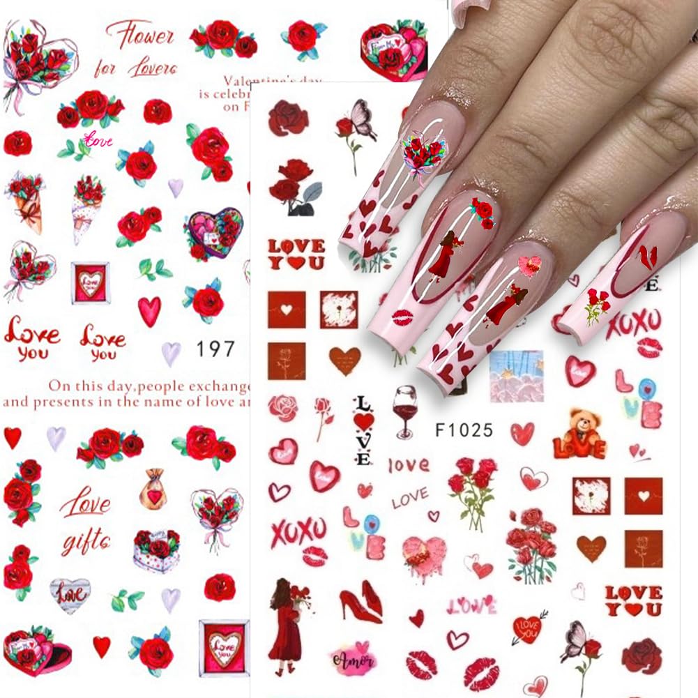 Valentine's Day Nail Stickers - 6 Sheets 3D Self-Adhesive Heart & Rose Nail Art Decals for Women | Romantic Red Lips & Love Designs | Perfect for Valentine's Nail Art, Date Nights & Special Occasions