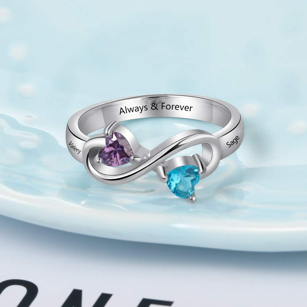 Personalized Infinity Mother's Ring with 2 Birthstones - Custom Engraved Name Promise Ring for Women, Mom & Wife - Perfect for Mother's Day Gifts, Anniversary & Special Occasions