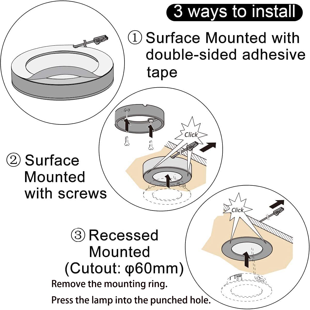 VST Under Cabinet Lighting Plug in with Wired Touch Dimmer Switch - 6 Pack White Puck Lights, Recessed or Surface Mount Design, Natural White 4000K, 12V 2W (12W Total) - Perfect for Kitchen, Closet, and Display Cabinet Lighting