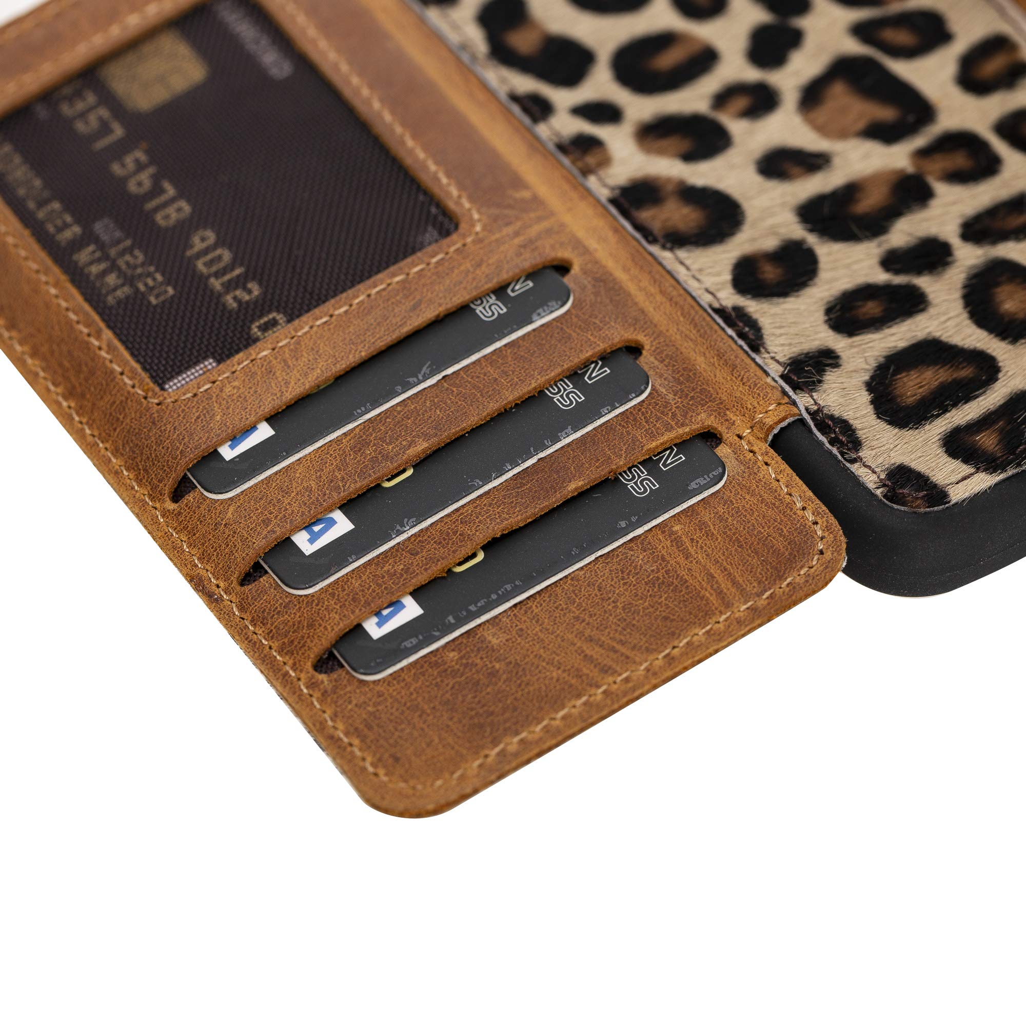 Venito Verona Genuine Leather iPhone X/XS (5.8 inch) Wallet Case with RFID Blocking - Slim Flip Cover with Card Slots - Faux Fur Leopard Print Design - Perfect for Everyday Use & Travel Protection