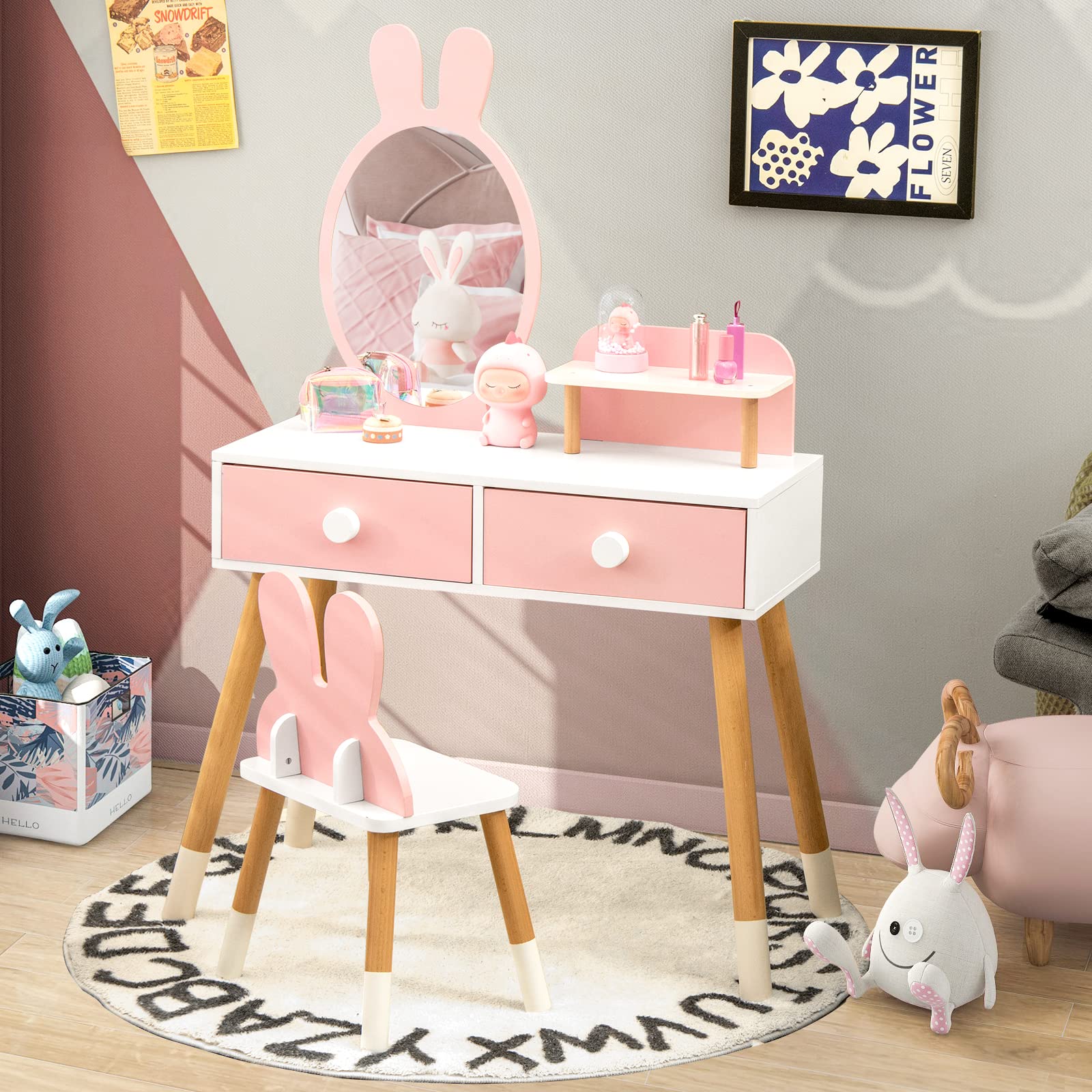 Costzon Pink Wooden Princess Vanity Set for Girls with Mirror, Stool & Storage - Kids Makeup Dressing Table with 2 Large Drawers & Shelf - Pretend Play Toy for Toddlers (Perfect for Birthday Gifts & Bedroom Decor)