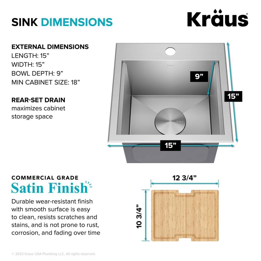 KRAUS Kore 15-Inch Drop-In/Top Mount Stainless Steel Kitchen Sink - 16 Gauge Single Bowl Bar Prep Sink with Accessories (Model KWT321-15) - Perfect for Small Kitchens, Bars, and Food Prep Stations