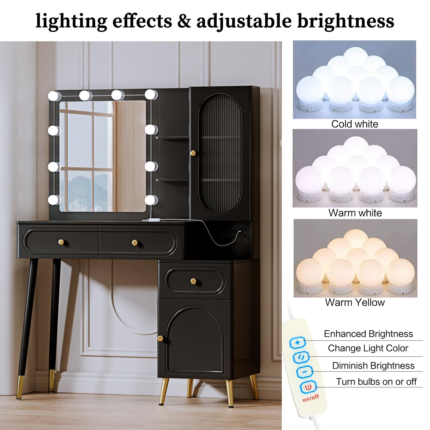 Modern Vanity Desk with Mirror & LED Lights - 3-Drawer Makeup Table with Power Outlet, High Capacity Storage - Perfect for Bedroom, Dressing Room & Home Office (Black)